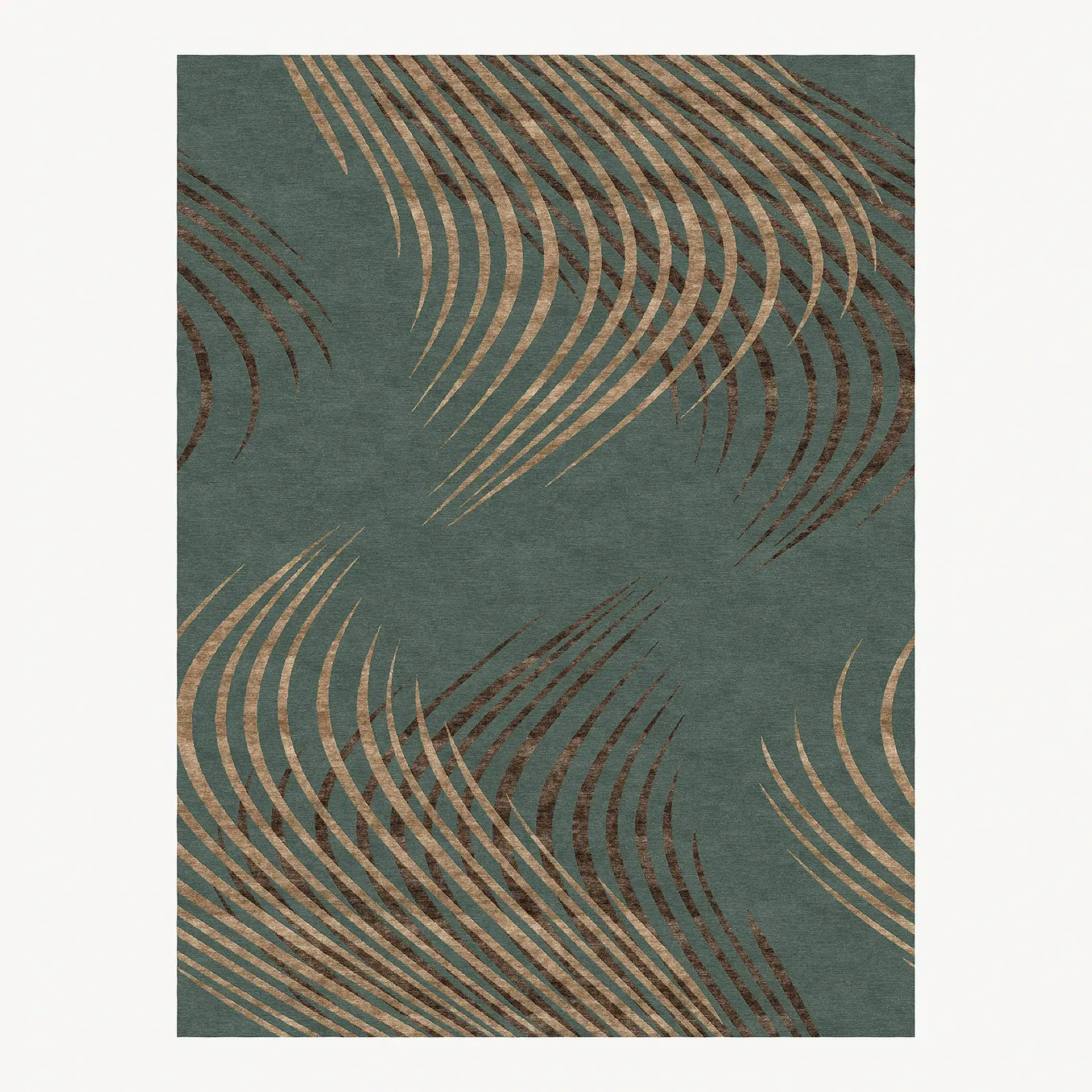 A rectangular dark teal rug with a shimmering gold and bronze abstract pattern of curved, tapering lines.