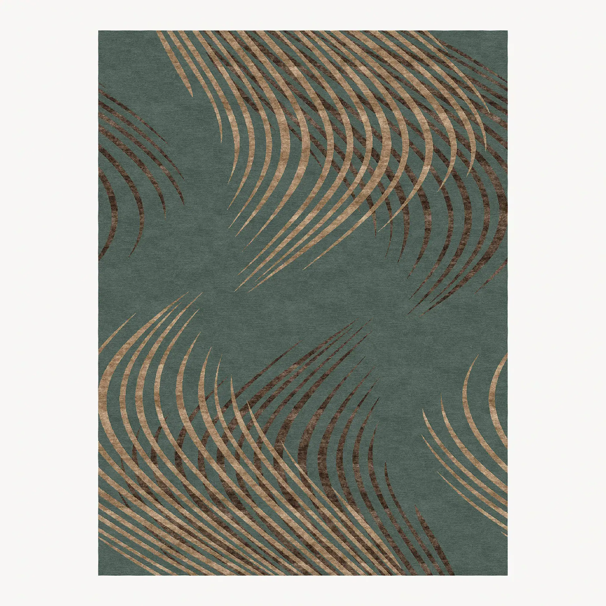 A rectangular dark teal rug with a shimmering gold and bronze abstract pattern of curved, tapering lines.