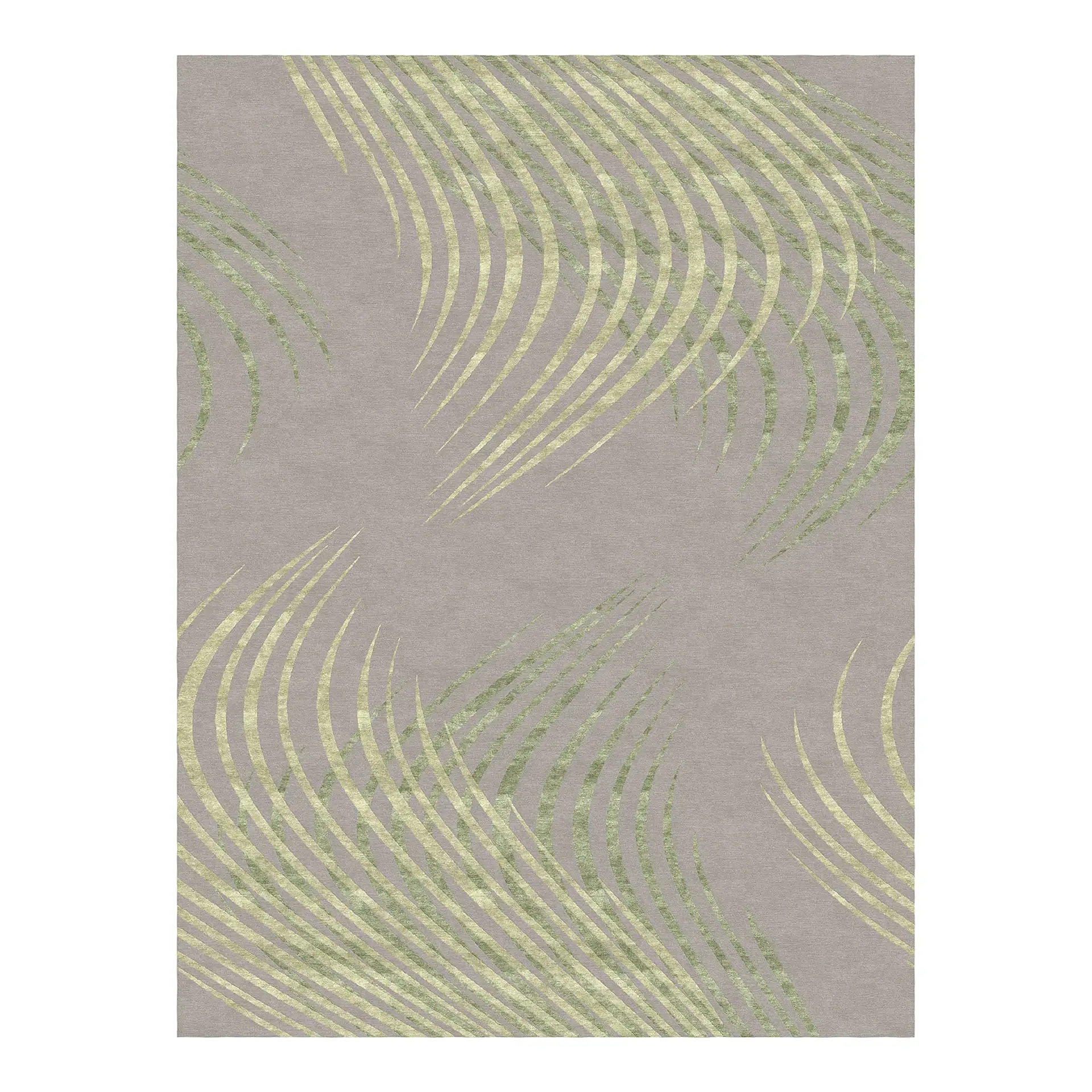 Rectangular rug with a greyish-brown background and abstract, curved light green stripe patterns.