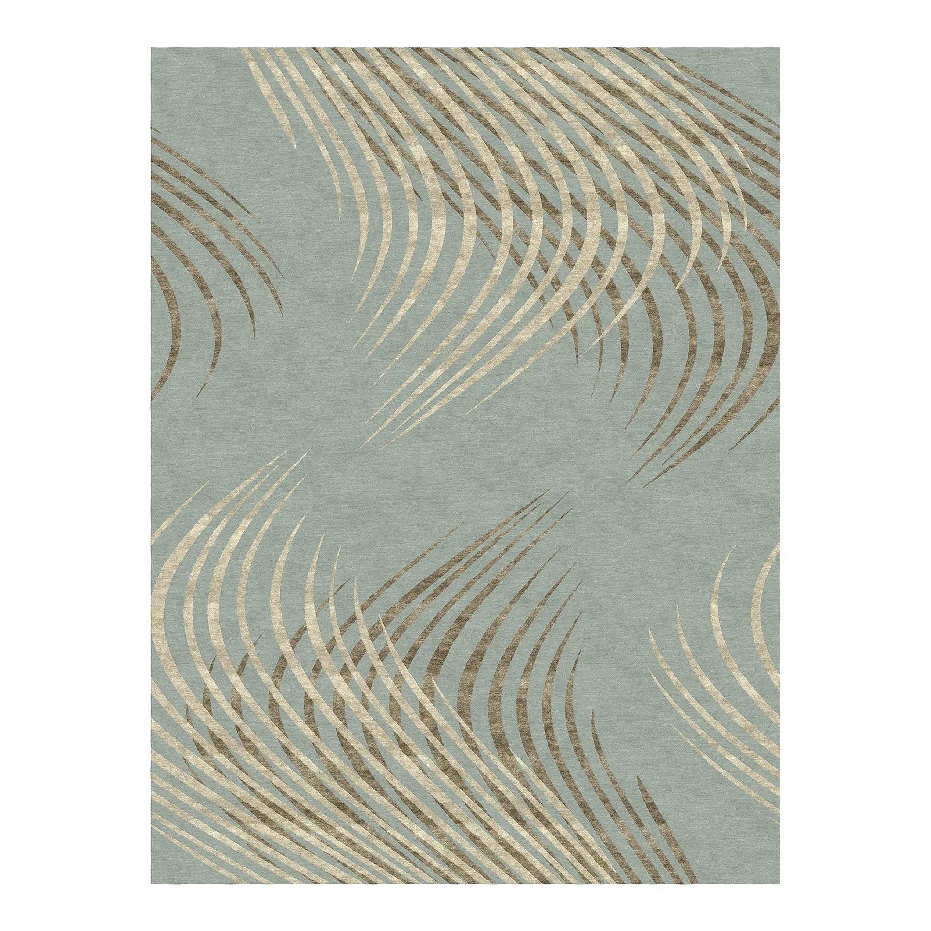 Rectangular rug with a light blue-green background and abstract, curved gold patterns.
