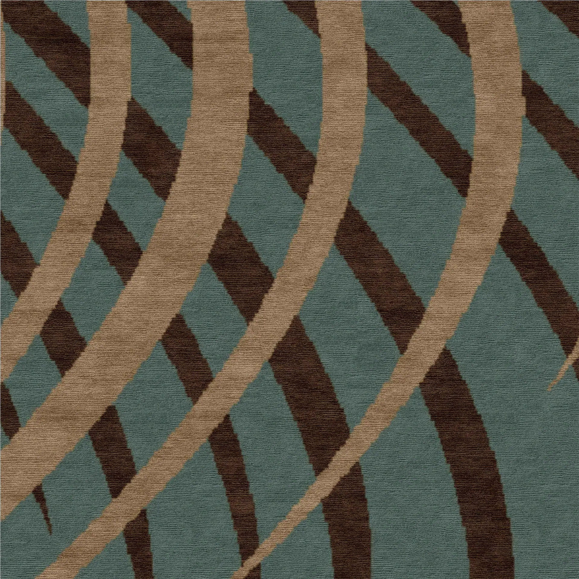 Abstract textile pattern with wavy brown, beige, and teal stripes.