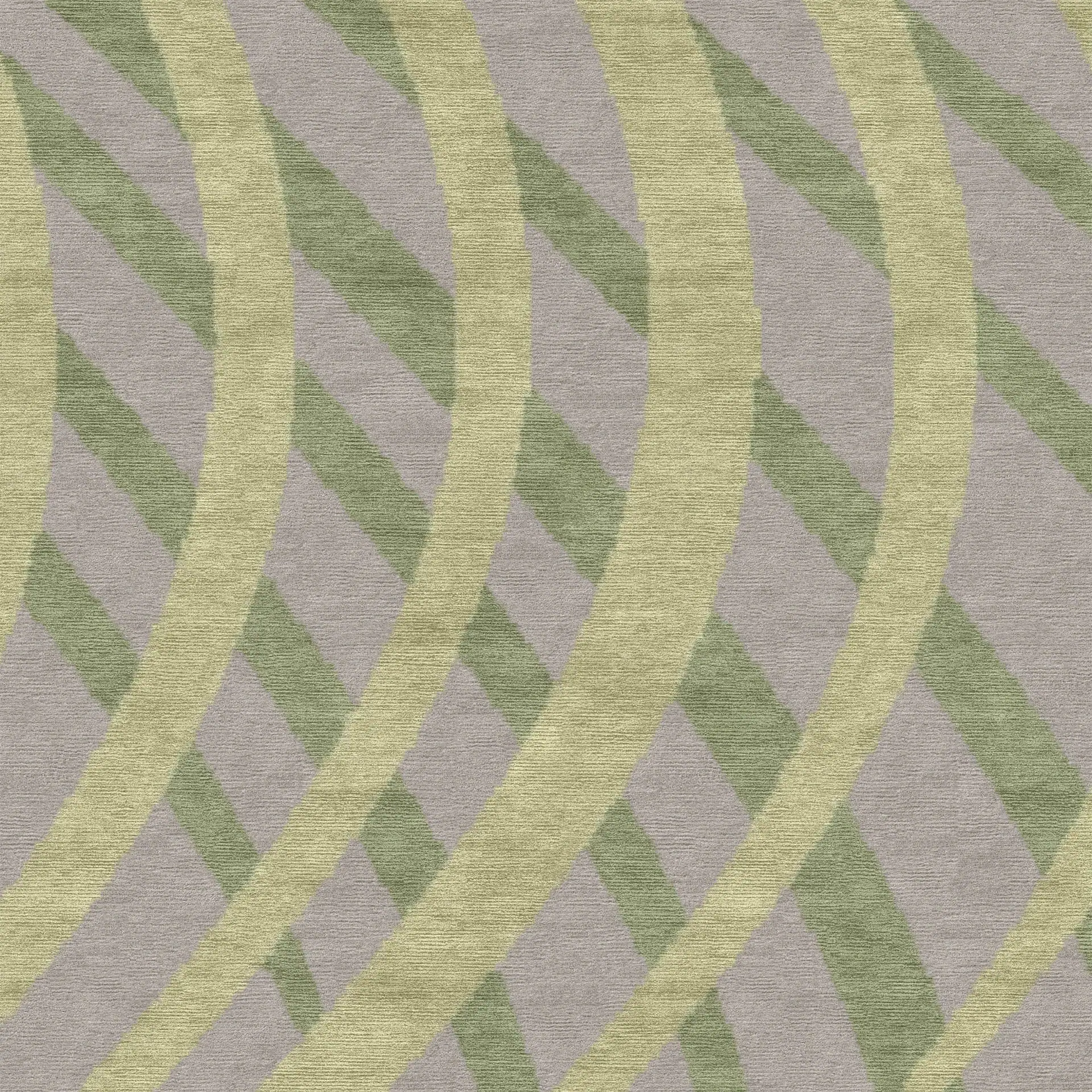 Abstract geometric pattern with curved yellow-green and diagonal olive-green stripes on a textured grey background.