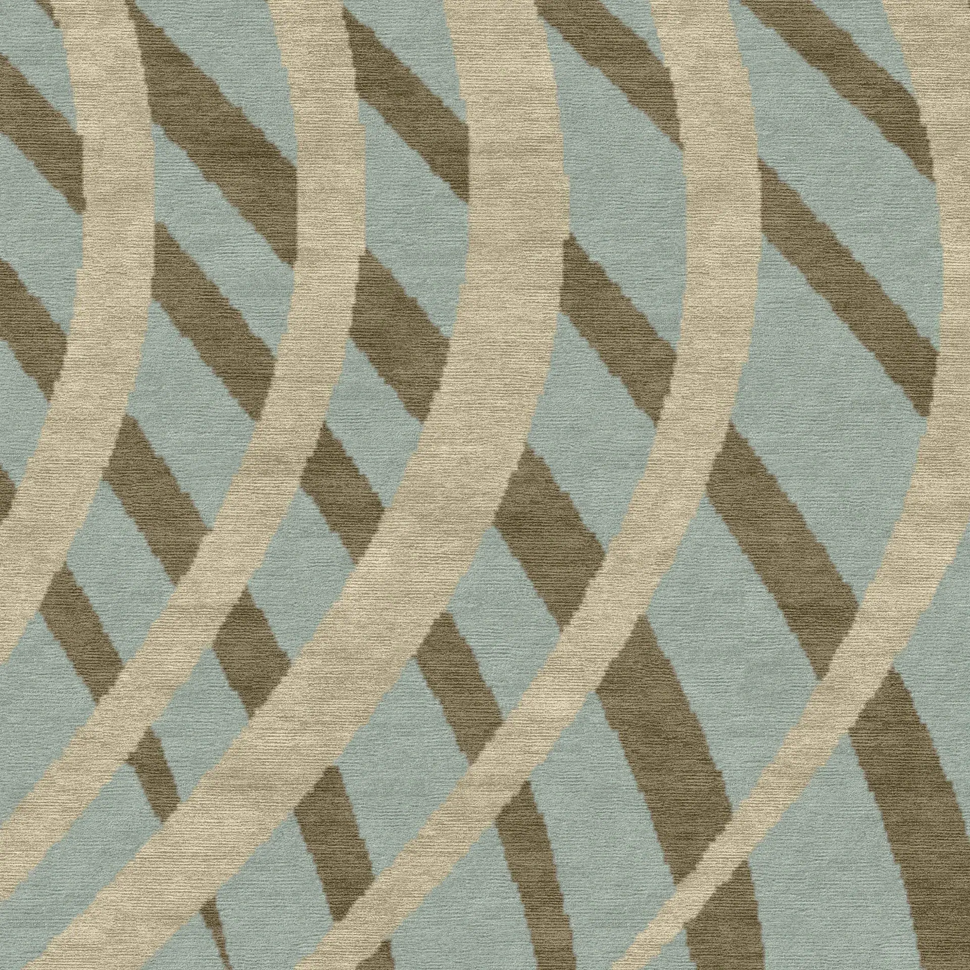 Abstract pattern of wavy and diagonal stripes in light blue-green, brown, and beige on a textured surface.