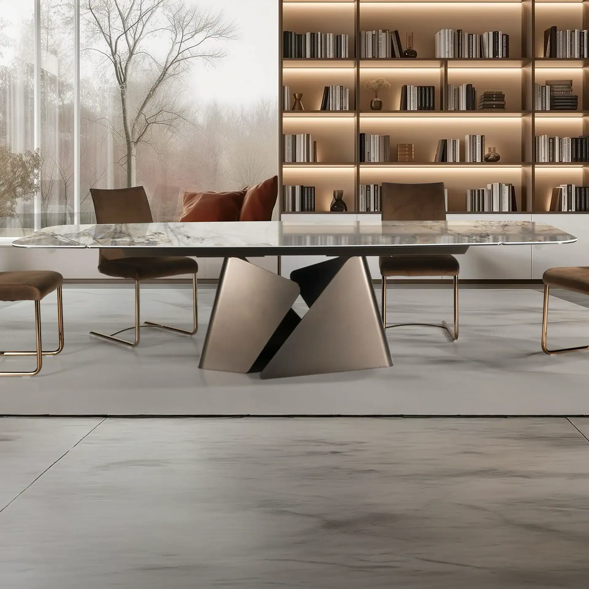 Modern dining room with a marble table, velvet chairs, a large window with bare trees outside, and a built-in, illuminated bookshelf.