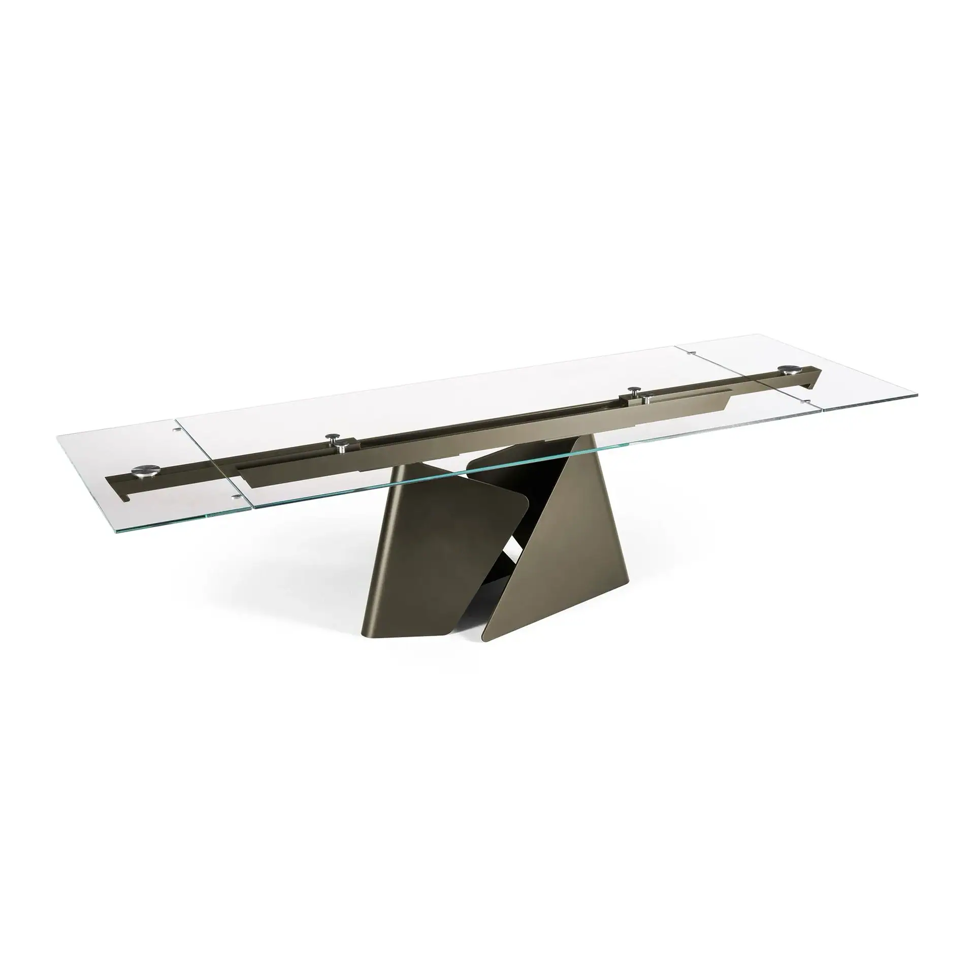 Modern dining table with a rectangular clear glass top and a dark, angular metallic base on a white background.