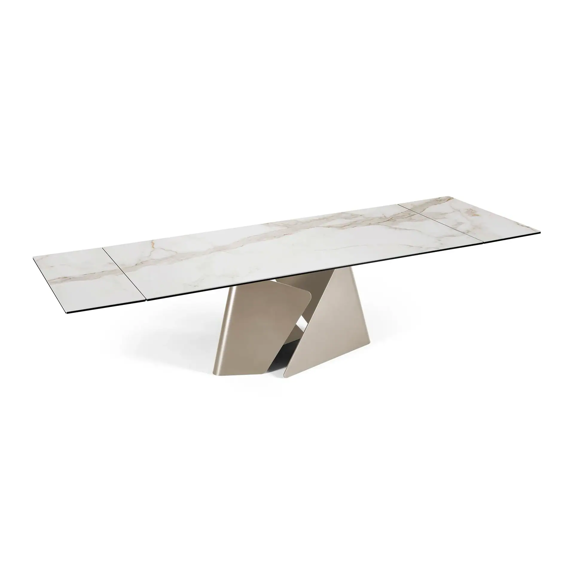 A modern extendable dining table with a white marble-patterned top and a sculptural, geometric taupe-colored metal base, set against a white background.