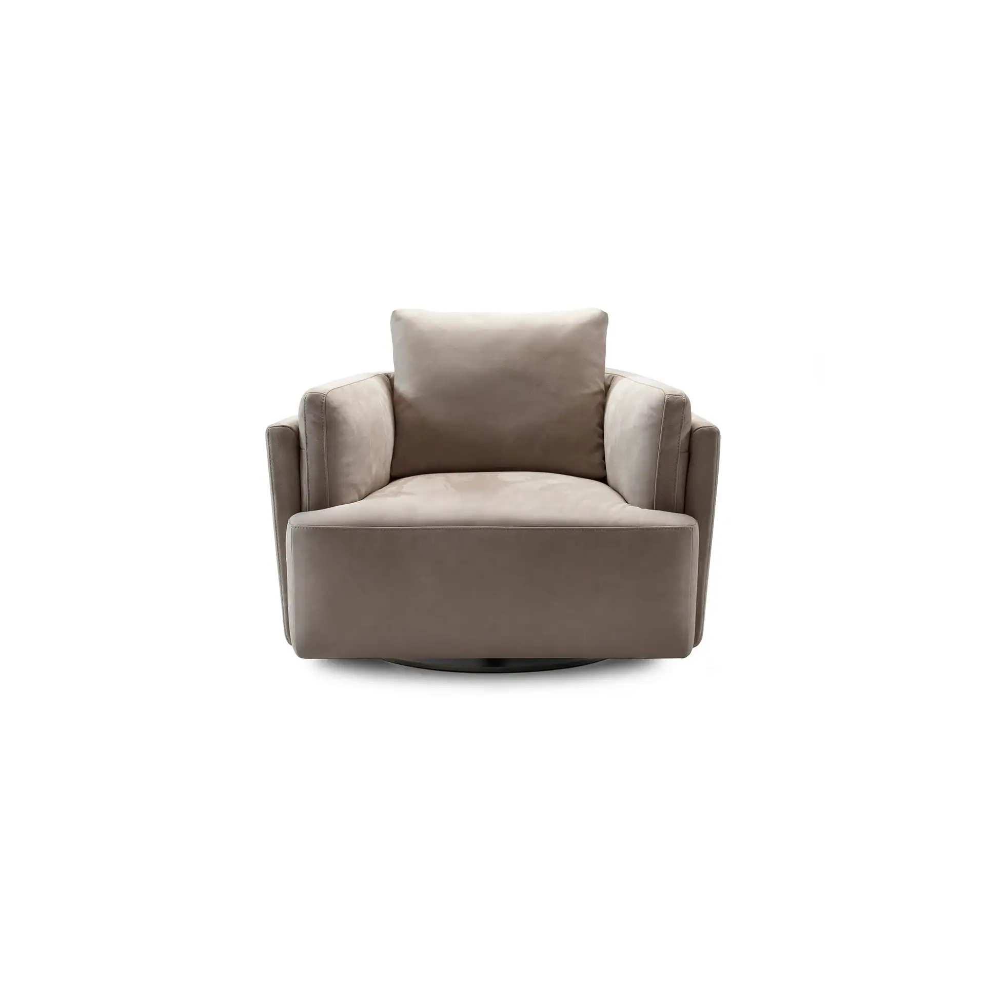 A taupe upholstered swivel armchair with a square back cushion on a white background.
