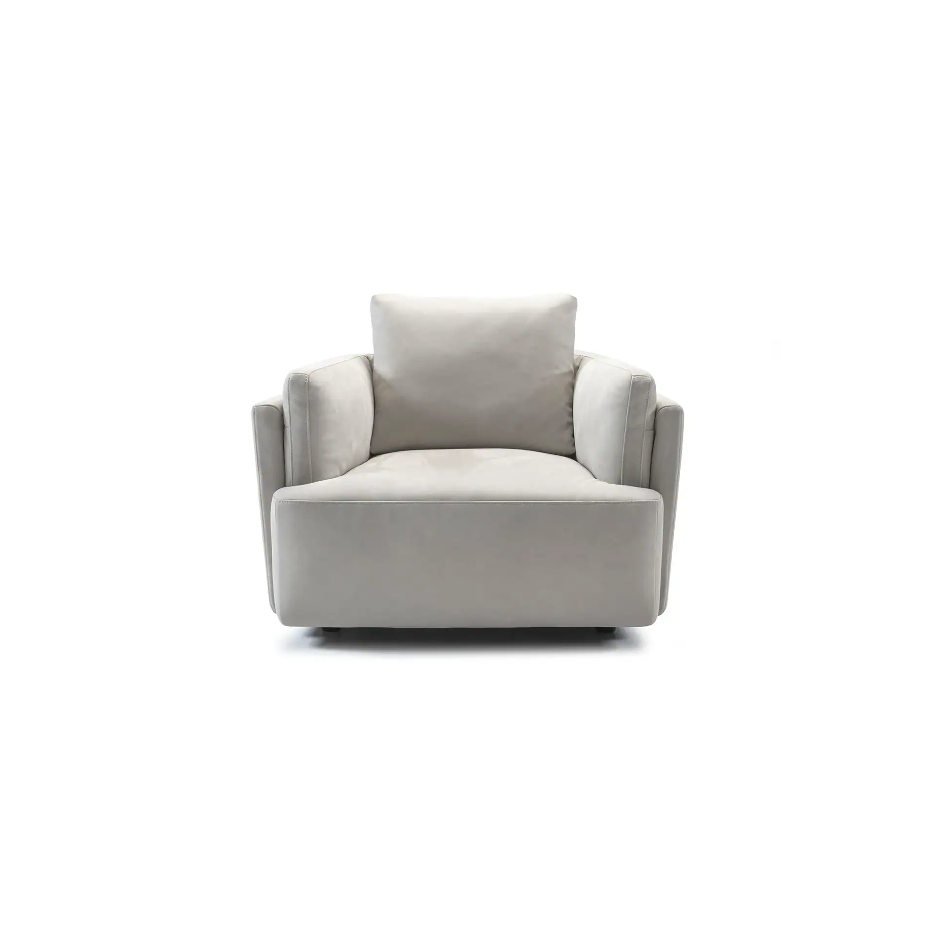 A modern light gray upholstered armchair with wide armrests and a square back cushion, centered on a white background.