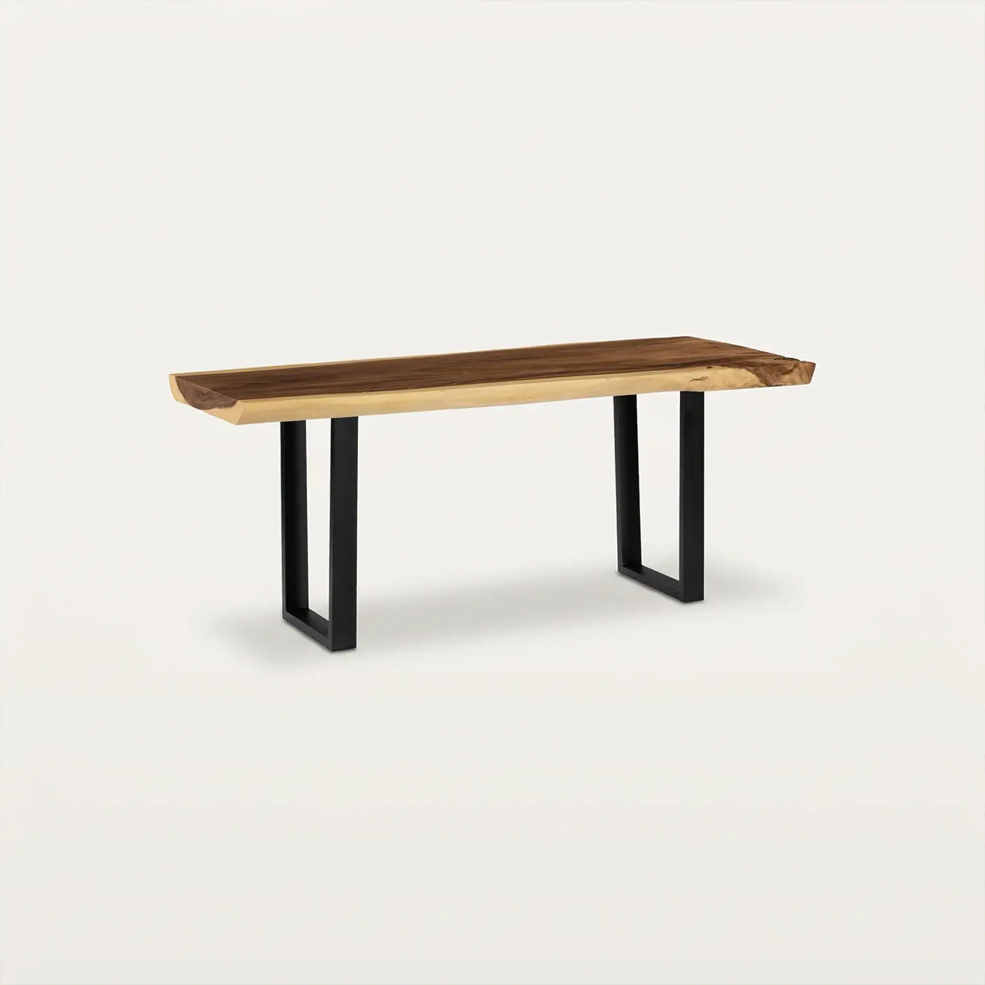 A live-edge wooden bench with a natural wood top and dark brown center, supported by two black U-shaped metal legs, against a white background.