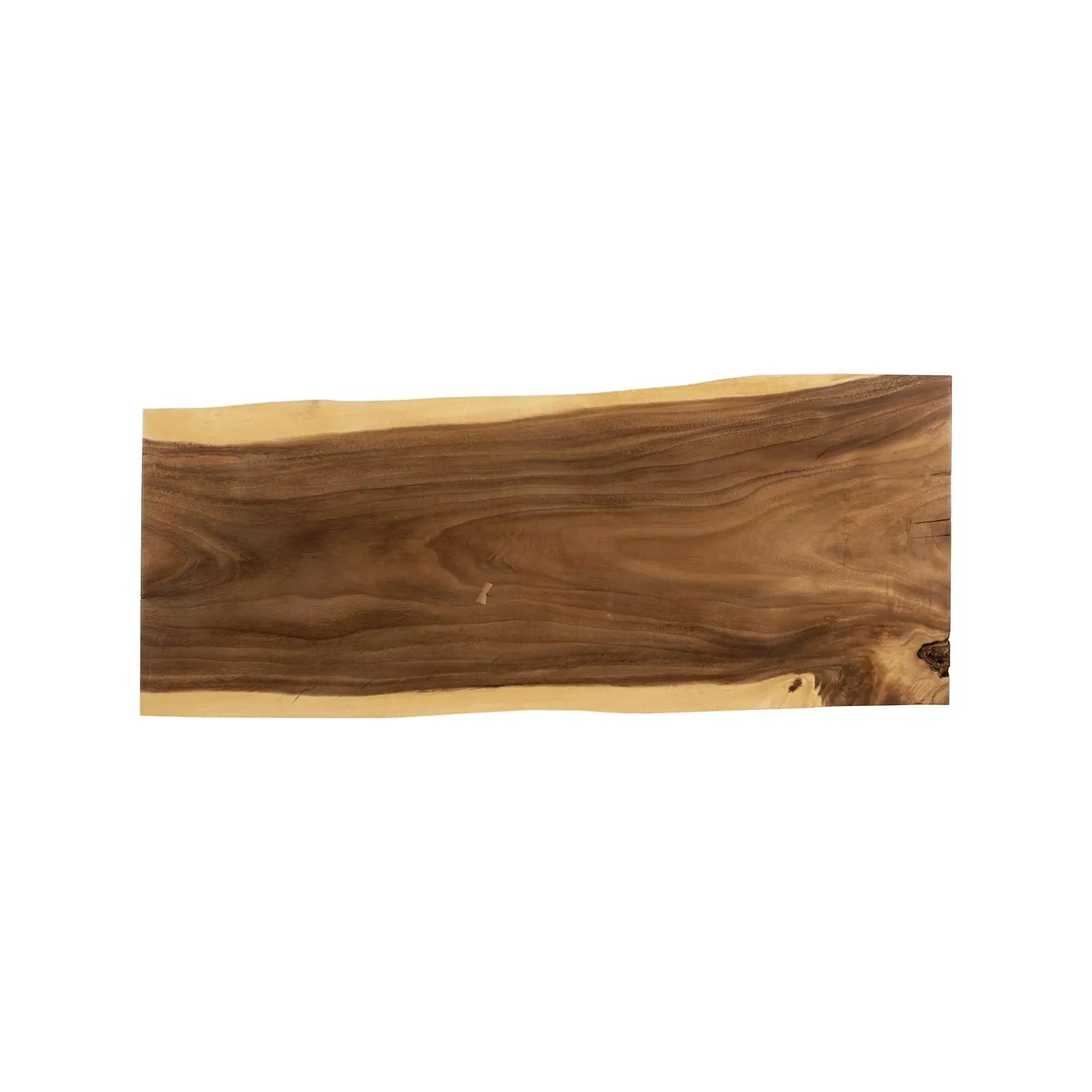A rectangular live edge wood slab with dark brown heartwood, light sapwood edges, natural grain, a butterfly joint, and a knot, on a white background.