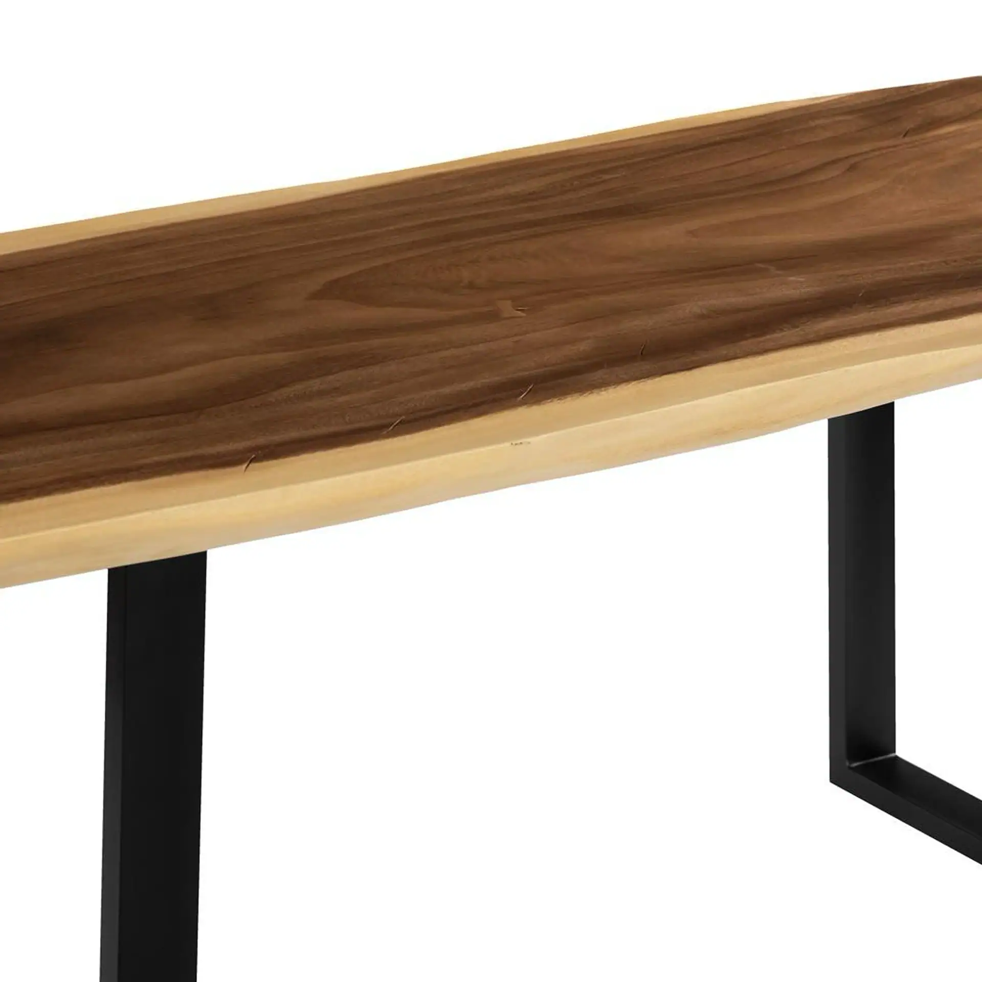 Live-edge wooden bench or table top with natural grain and black metal legs on a white background.