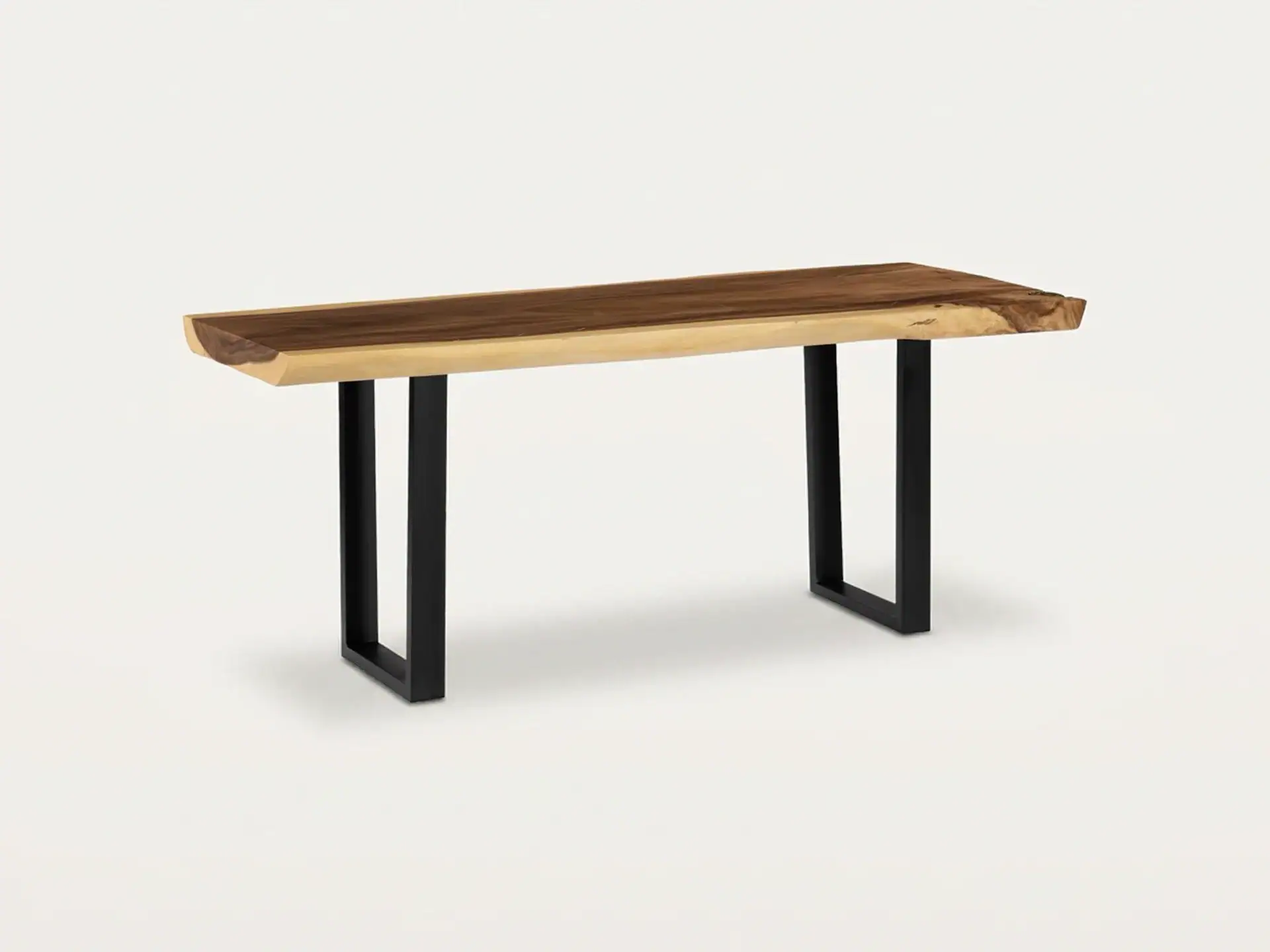 A live-edge wooden console table with a dark brown top and lighter edges, supported by two black U-shaped metal legs, against a light background.