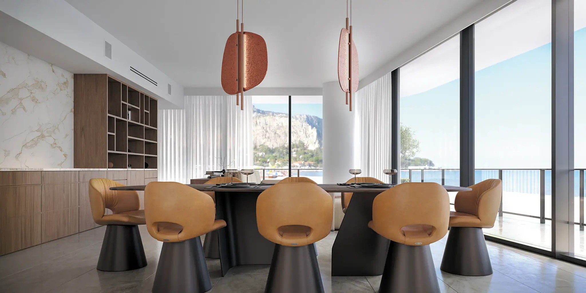 Modern dining room with six tan chairs around a black table by large windows.