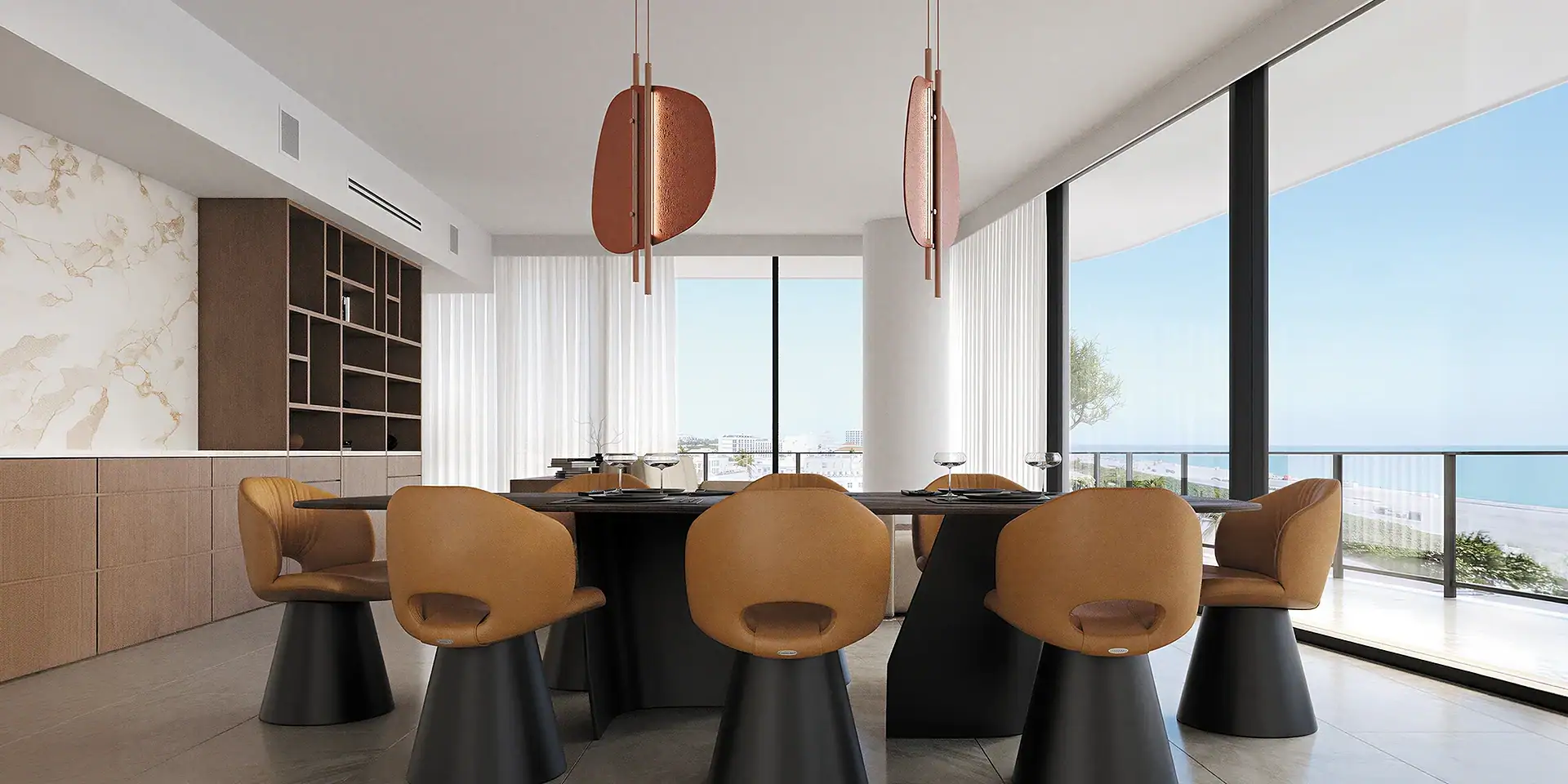 Modern dining room with six tan chairs around a black table by large windows.