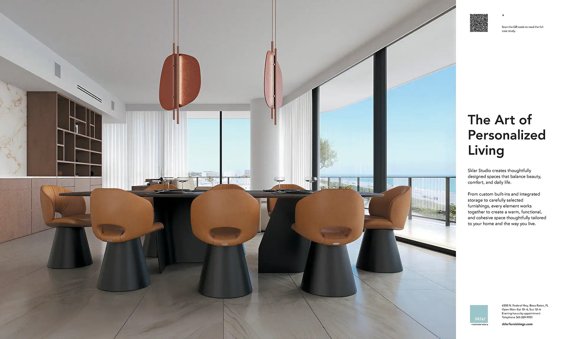 Modern dining room with a large table, tan chairs, copper pendant lights, and a panoramic ocean view through floor-to-ceiling windows.