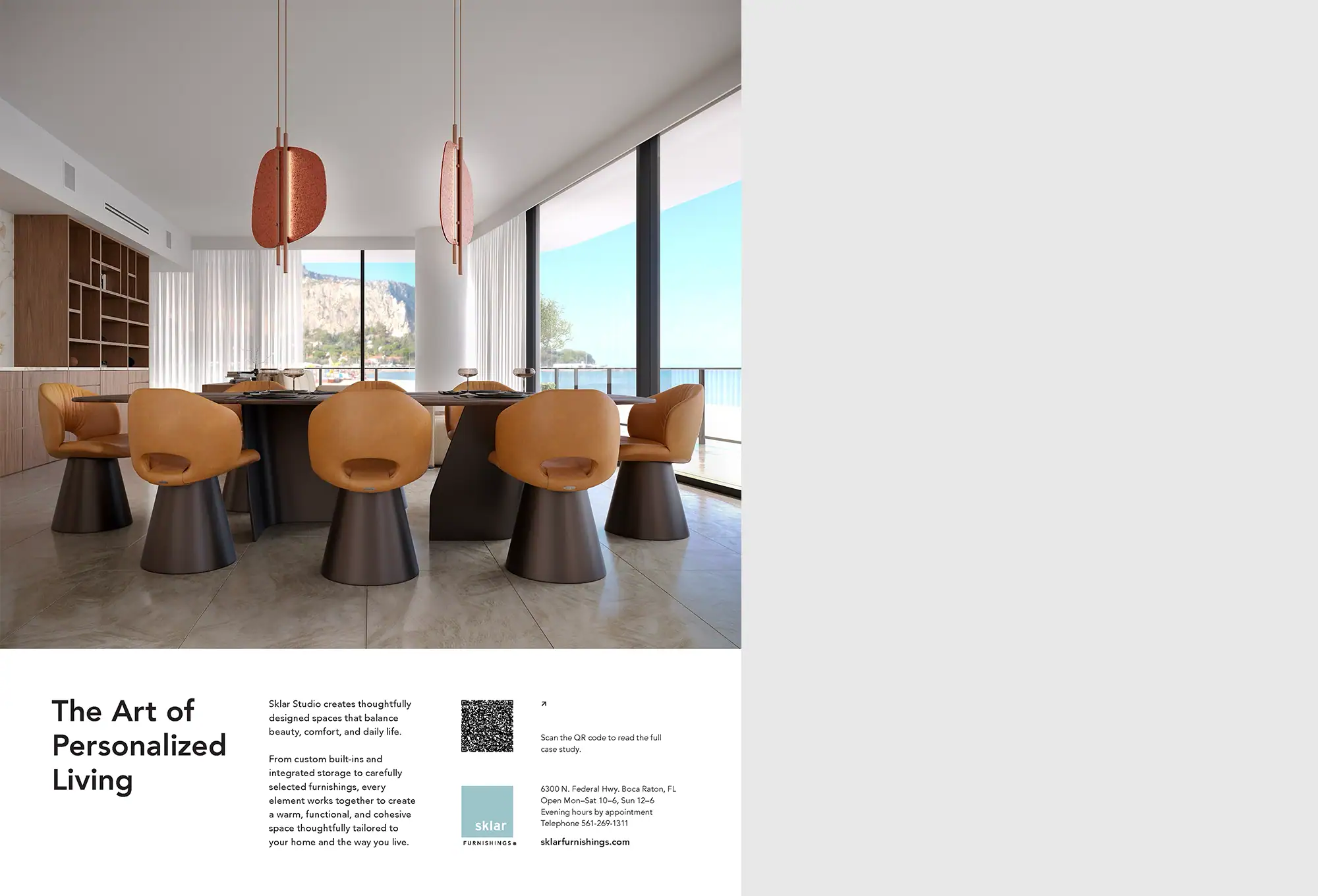 A modern dining room with a dark table, light brown chairs, and unique reddish-copper pendant lights, overlooking a coastal landscape with a cliff and the sea. Text and a QR code for Sklar Furnishings are below the image.