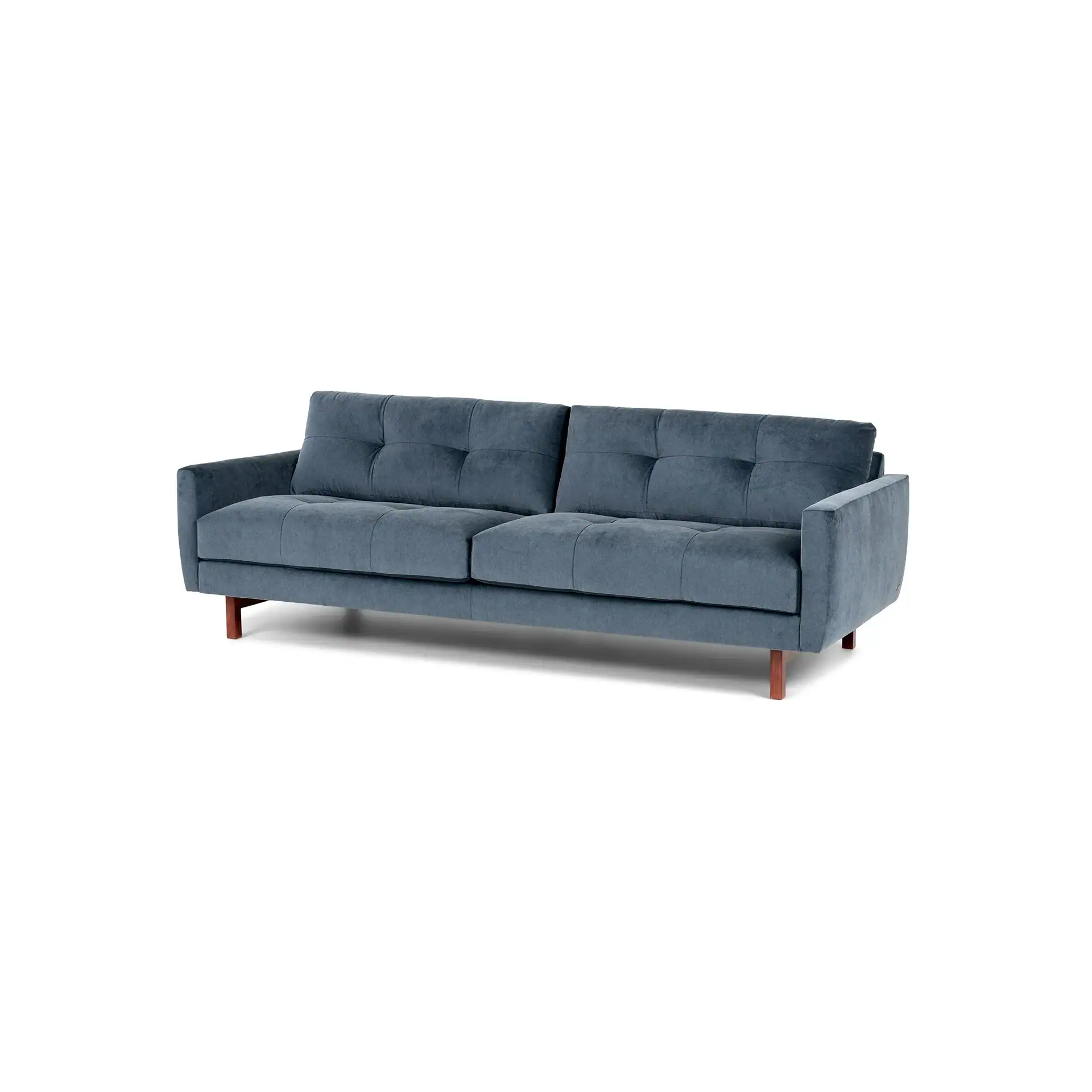 A blue-gray fabric sofa with tufted back and seat cushions, and wooden legs, on a white background.