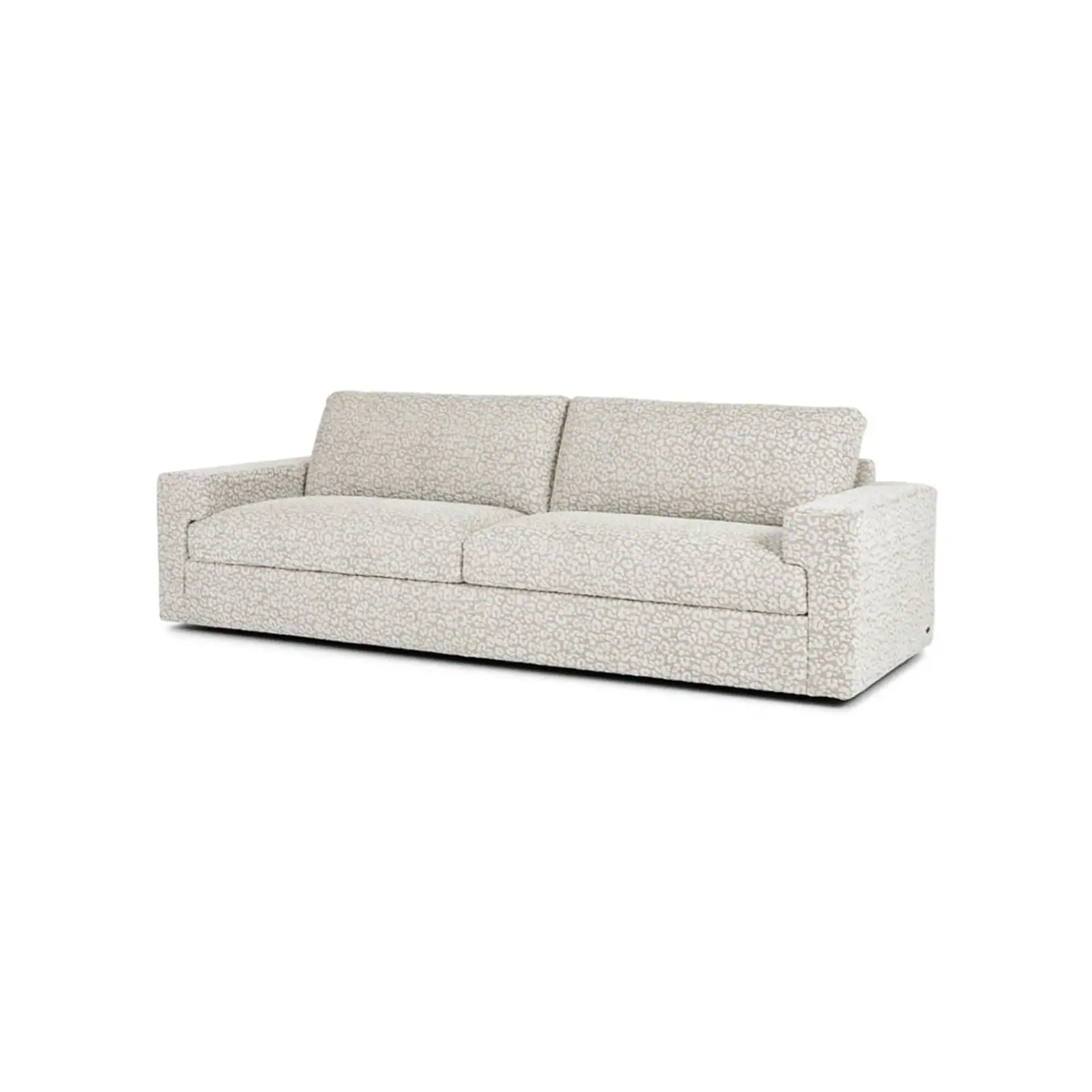 A modern two-seater sofa with a light gray and white abstract patterned fabric, wide rectangular arms, and a low profile.