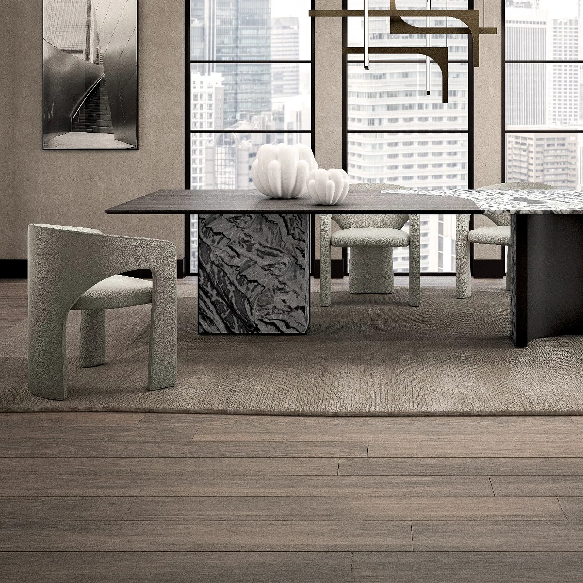 Sienna dining chair in a modern dining room with a marble table and city view.