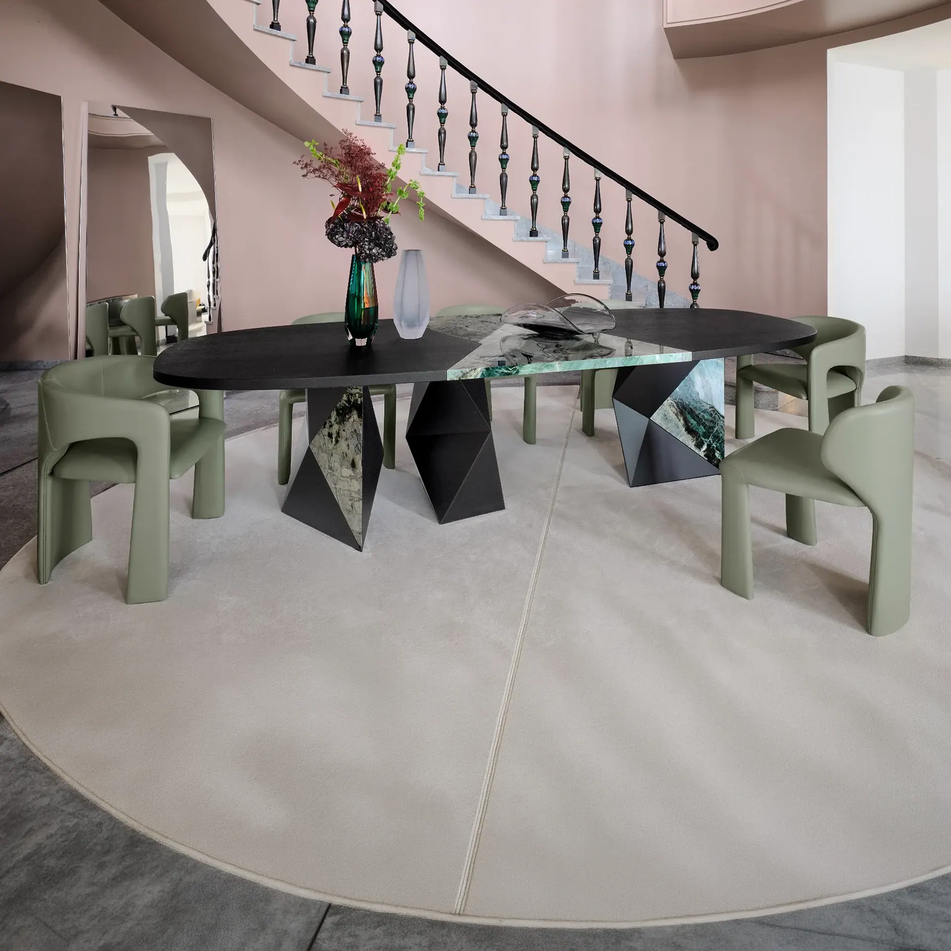 Sienna dining table with geometric base and olive chairs in a modern foyer.