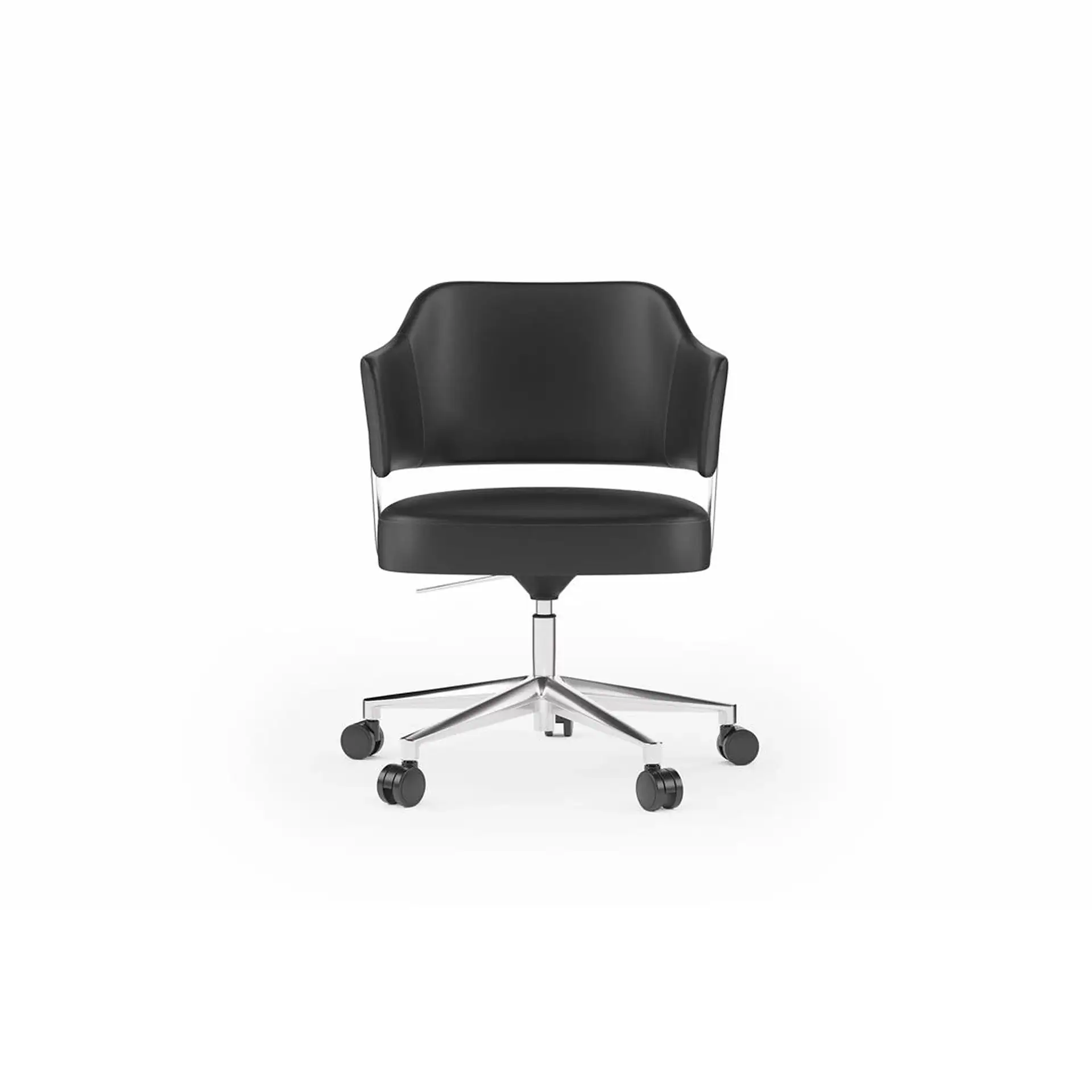 A black office chair with a chrome frame and five-star wheeled base on a white background.