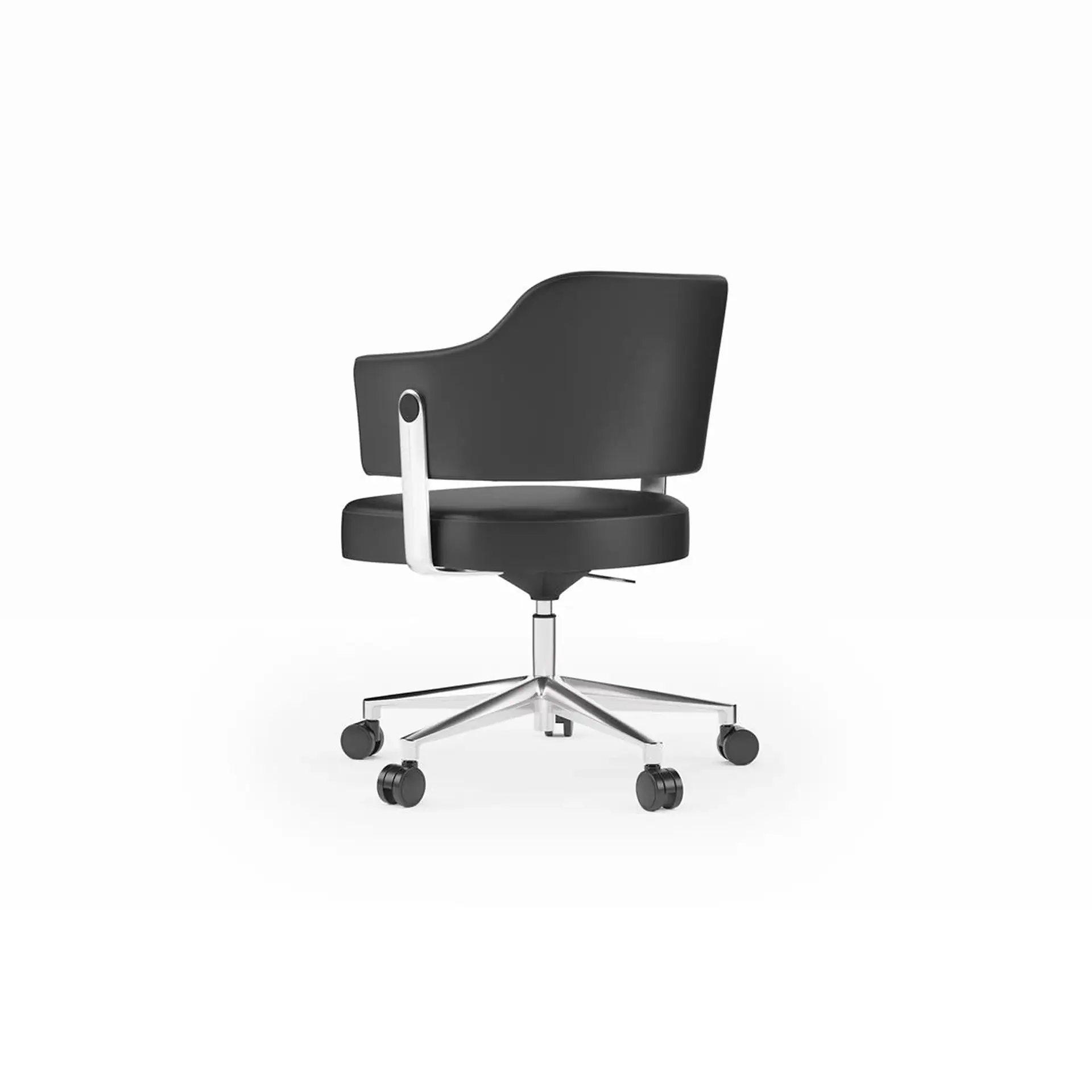 A black office chair with a curved back, integrated armrests, and a silver five-star base with black caster wheels, viewed from the rear on a white background.