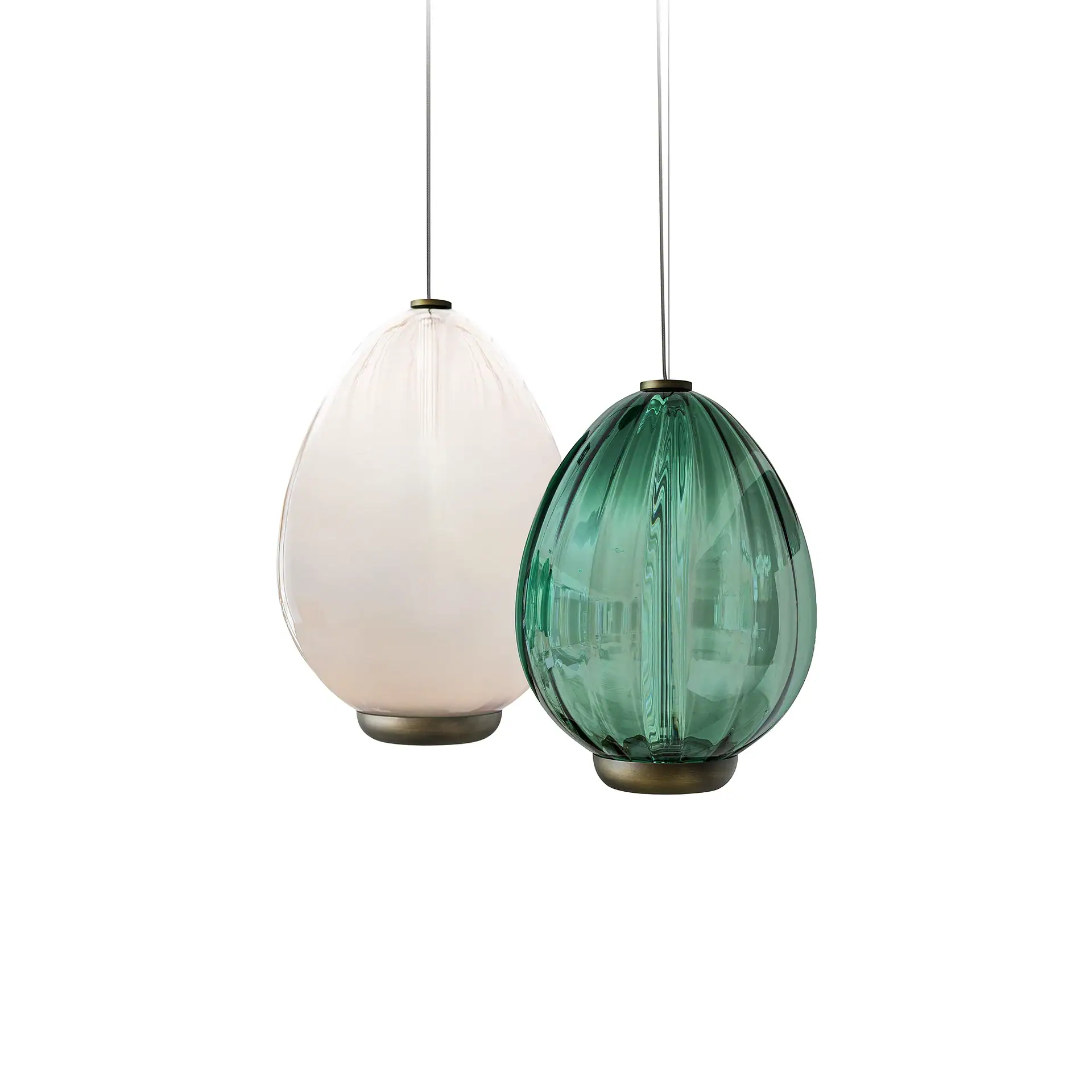 Sklar Furnishings glass pendant light green and white pair hanging.