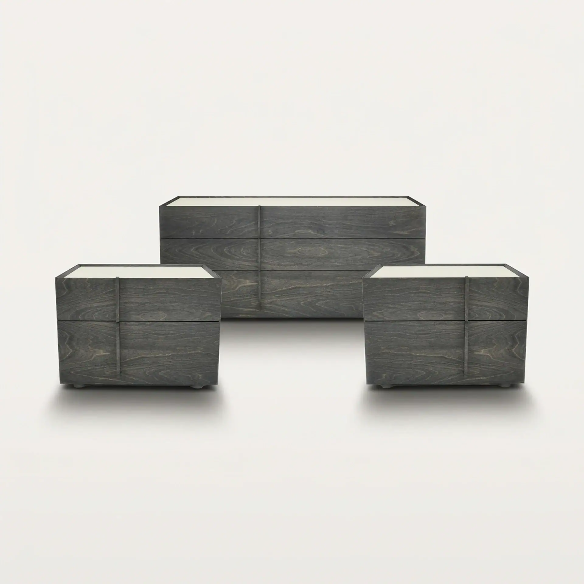 A modern dark gray-brown wood dresser with a light top, flanked by two matching smaller nightstands, on a light background.