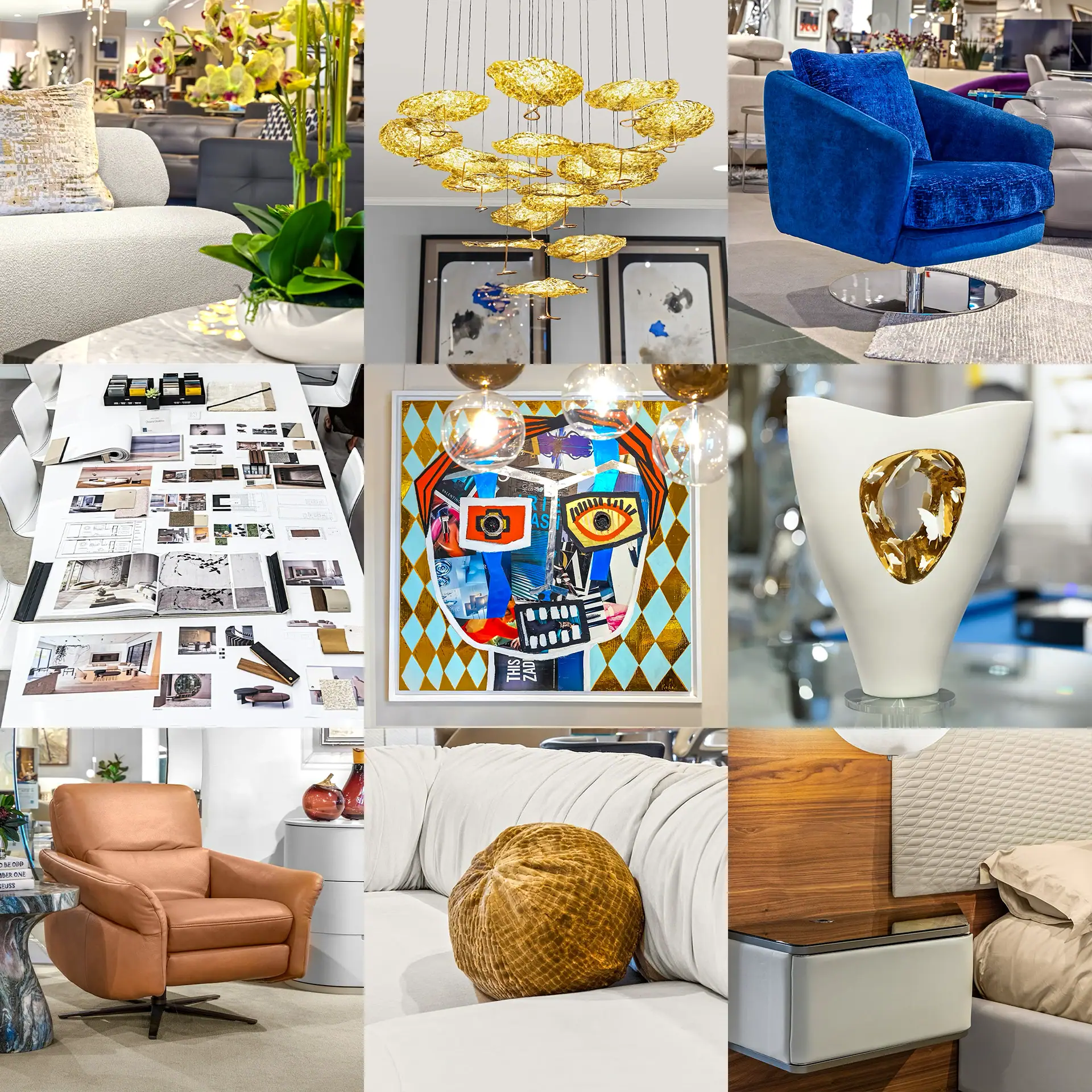 A nine-panel collage featuring diverse interior design elements: a white sofa, a gold chandelier, a blue velvet armchair, a design mood board, an abstract face artwork, a decorative vase, a tan leather chair, a textured throw pillow, and a modern bedside table.