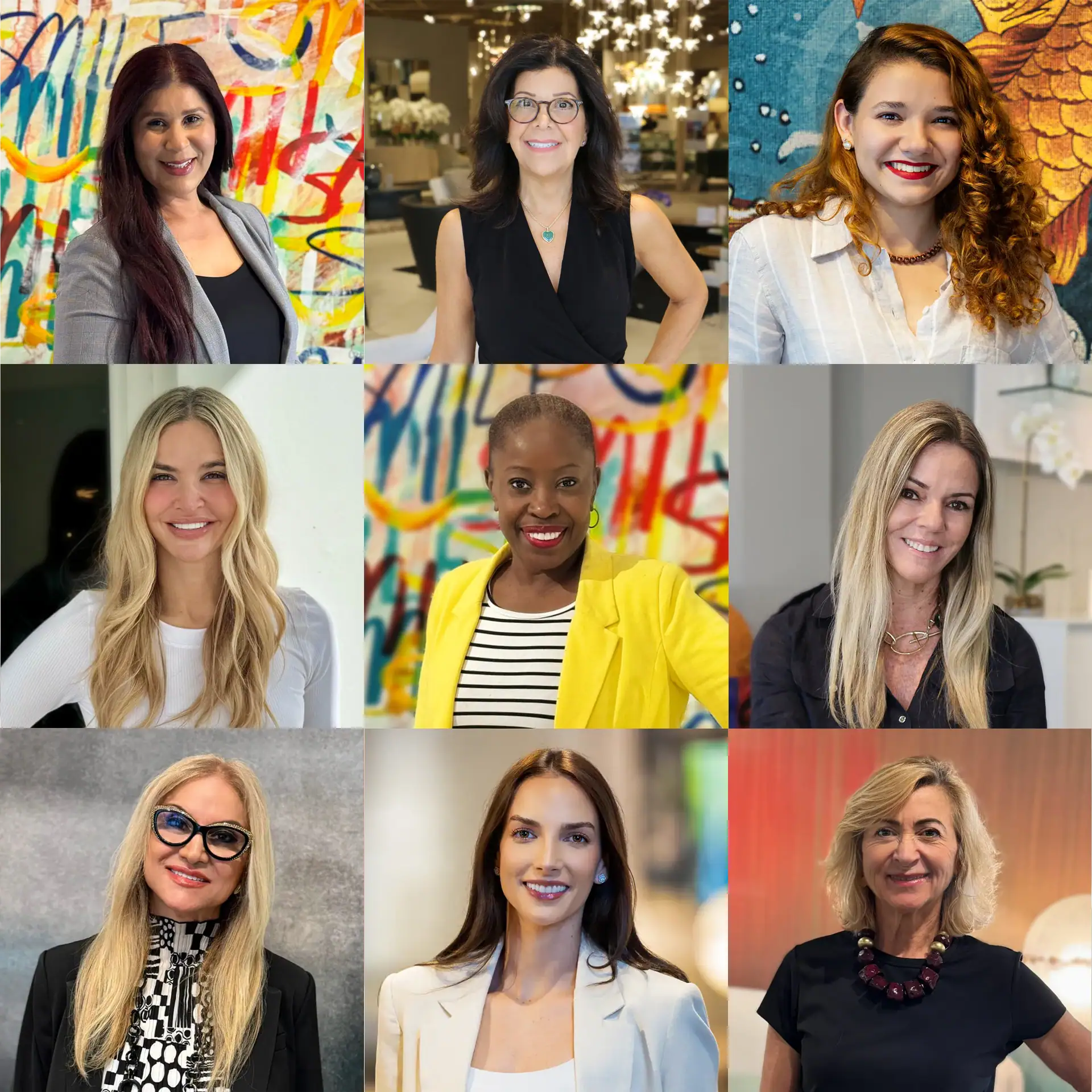 collage-of-sklar-designers-100626 A 3x3 grid of nine smiling women, each with distinct hairstyles and professional attire, against varied backgrounds.
