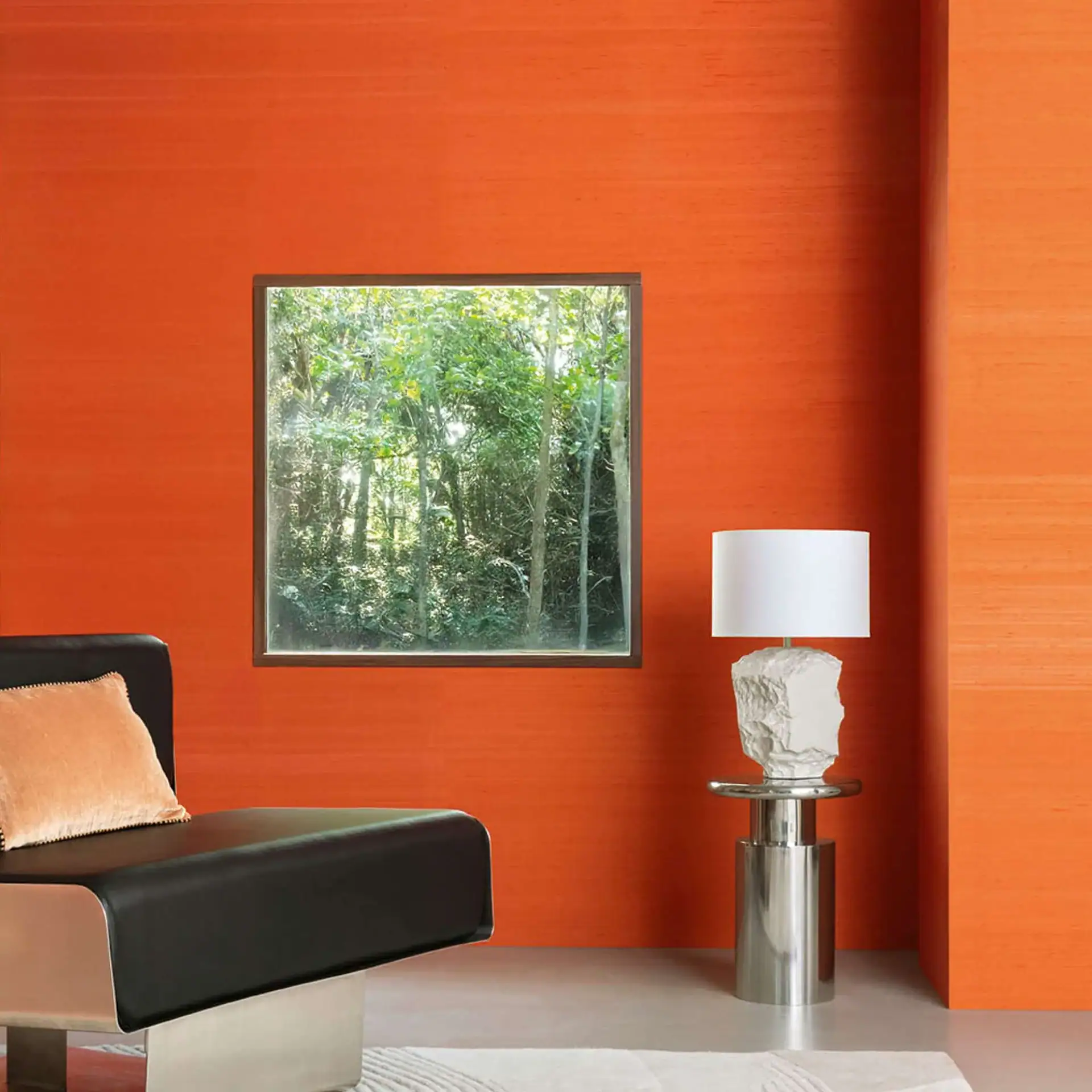 Orange wall living room with a window and modern lamp.