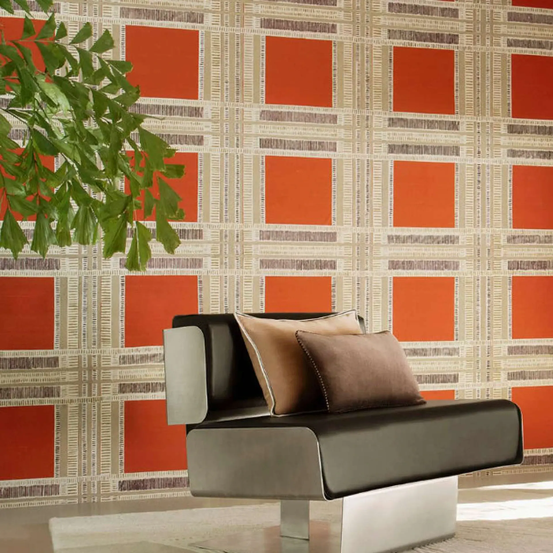 Shiraz wallpaper pattern with orange squares and woven beige lines.