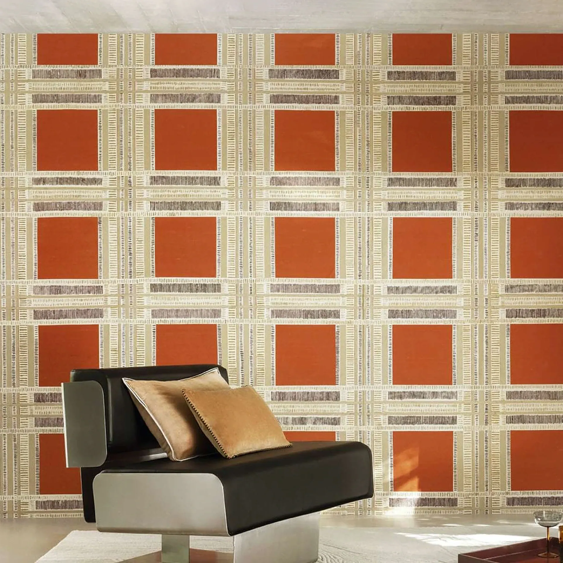 Shiraz wallpaper with orange squares and beige geometric bands in a modern living room.