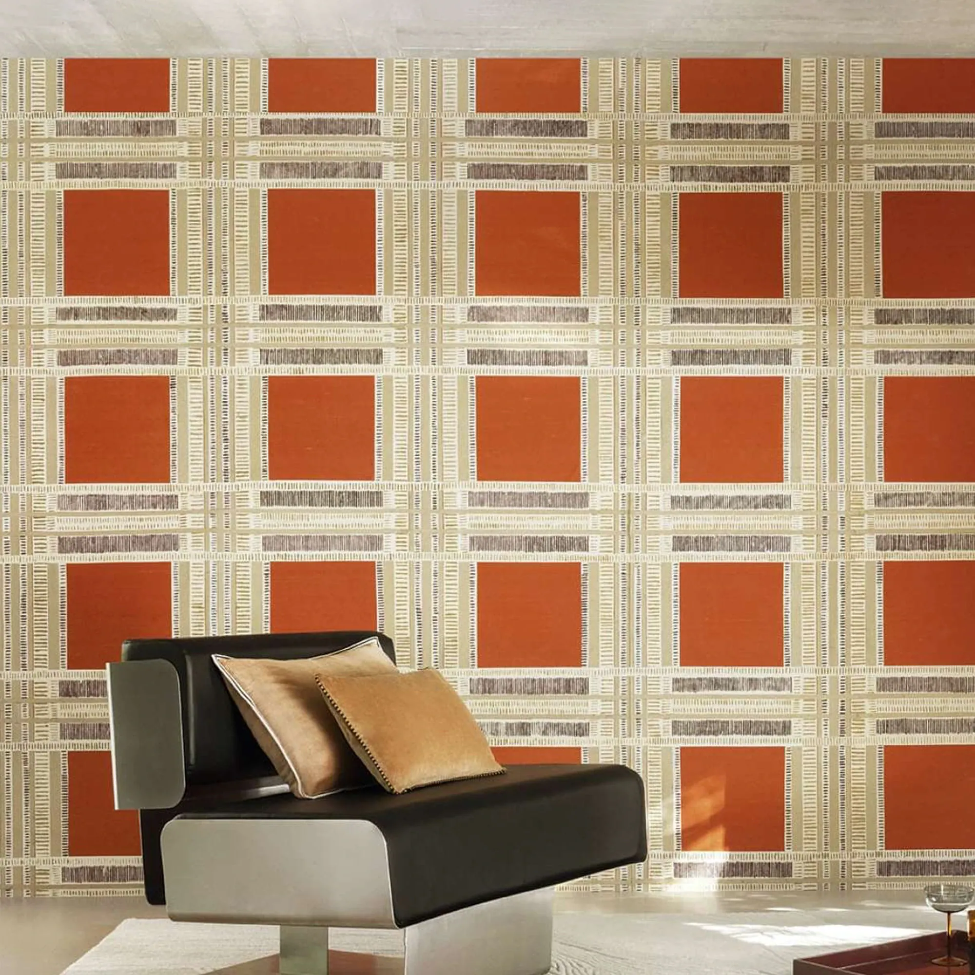 Shiraz wallpaper with orange squares and beige geometric bands in a modern living room.