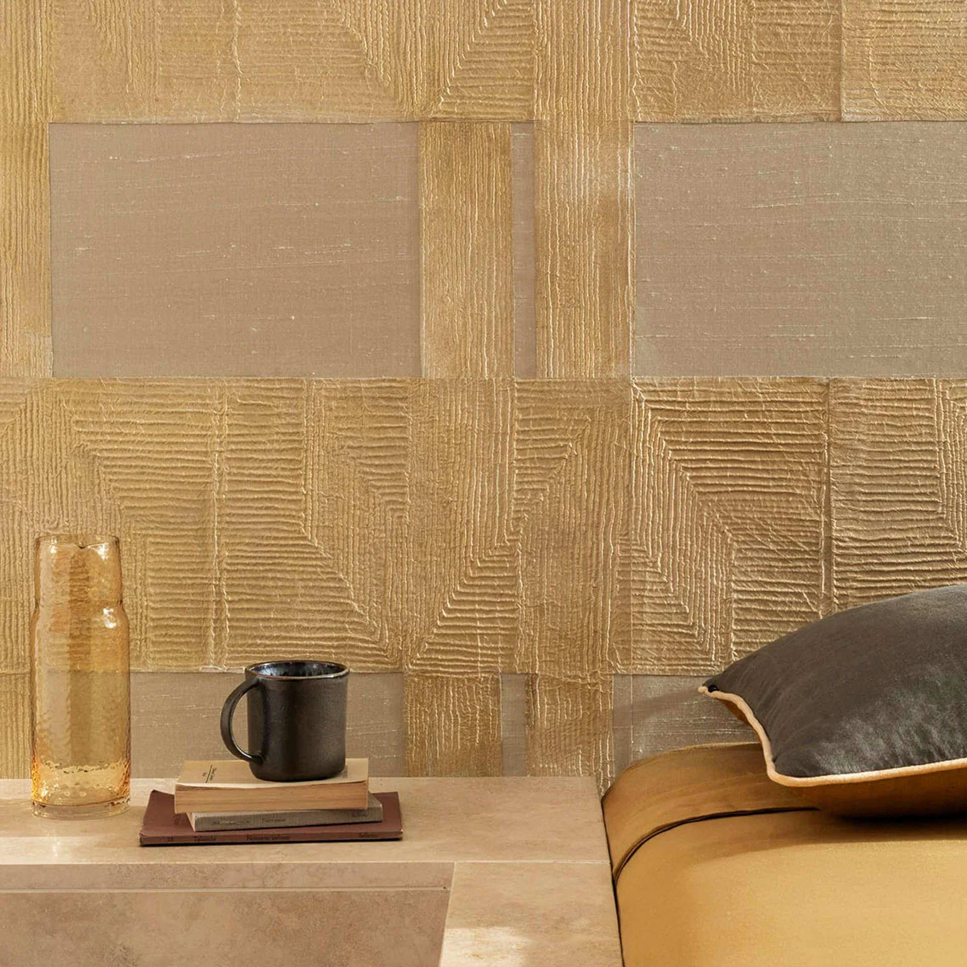 Tashkent Wallpaper scene with beige geometric pattern and neutral bedside setup.