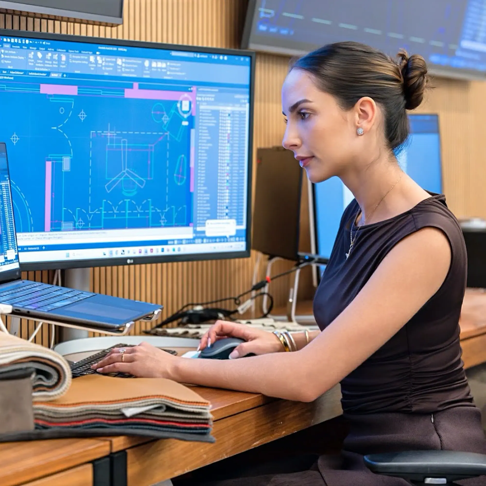 interior-designer-program-resources A woman works at a computer, viewing CAD drawings on a large blue screen, with fabric samples on her wooden desk.