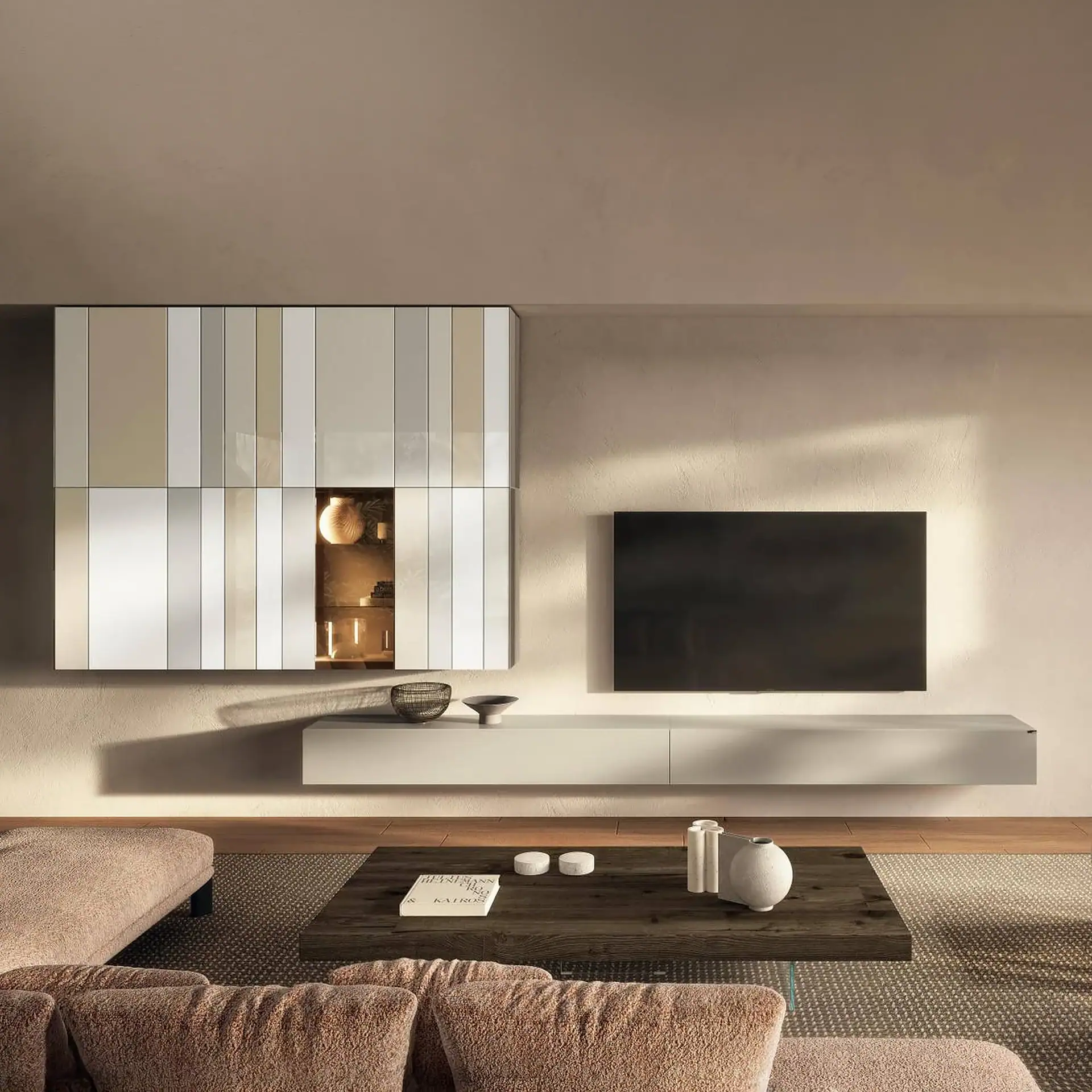 A modern living room with a neutral color scheme. It features a wall-mounted storage unit with striped panels, a large TV above a floating media console, a textured sofa, and a dark wooden coffee table with minimalist decor.