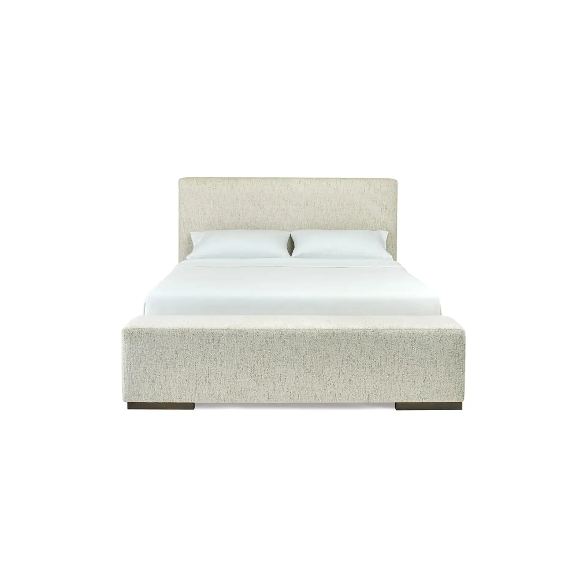 Upholstered bed with a light, textured fabric headboard and footboard, featuring white bedding, on a white background.