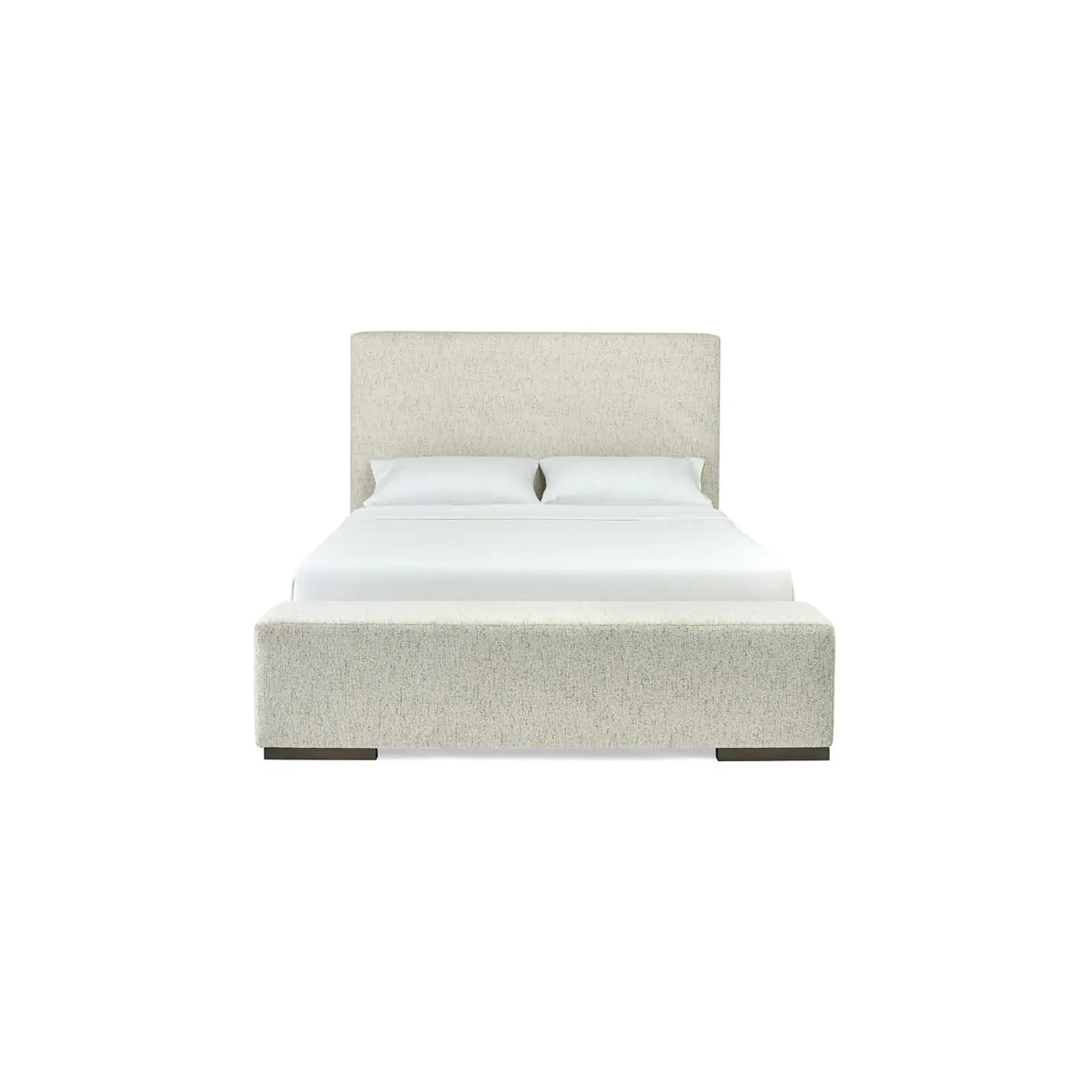 A modern upholstered bed with a tall headboard and a matching bench at its foot, all in a light, textured fabric, against a white background.