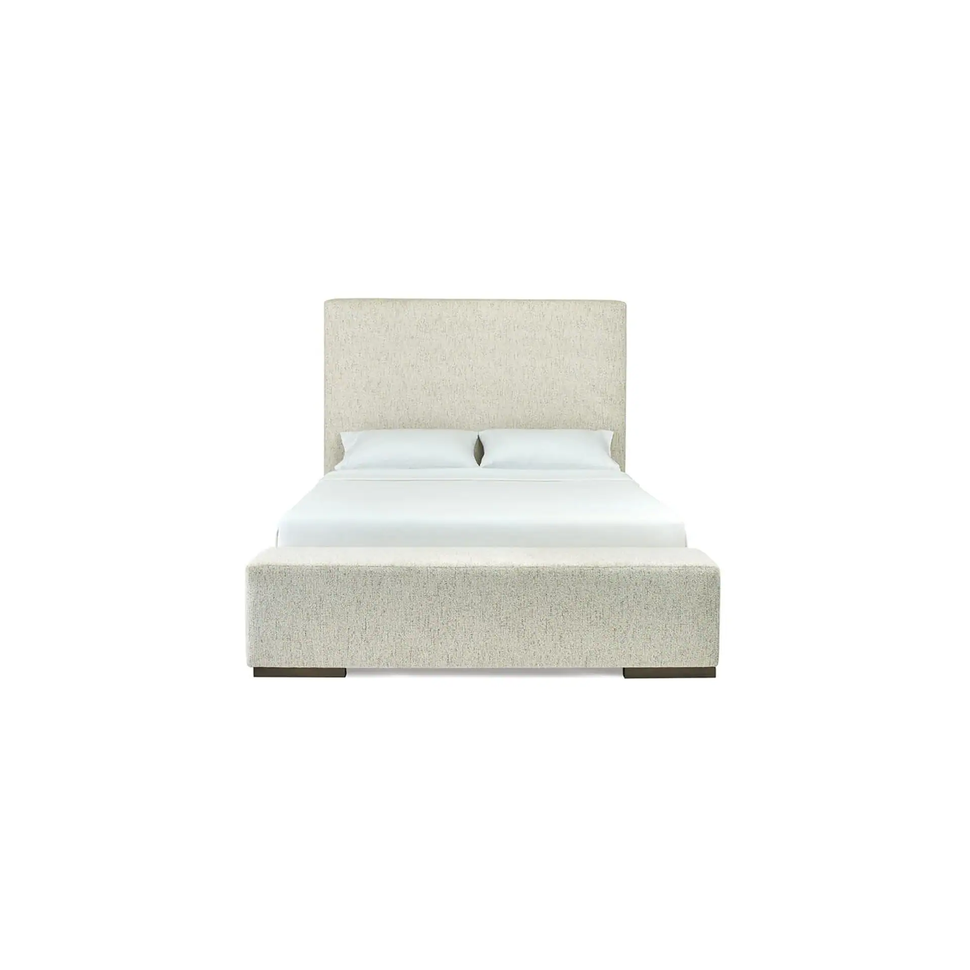 A modern bed with a tall, rectangular upholstered headboard and a matching footboard in light beige fabric, with white sheets and two white pillows.