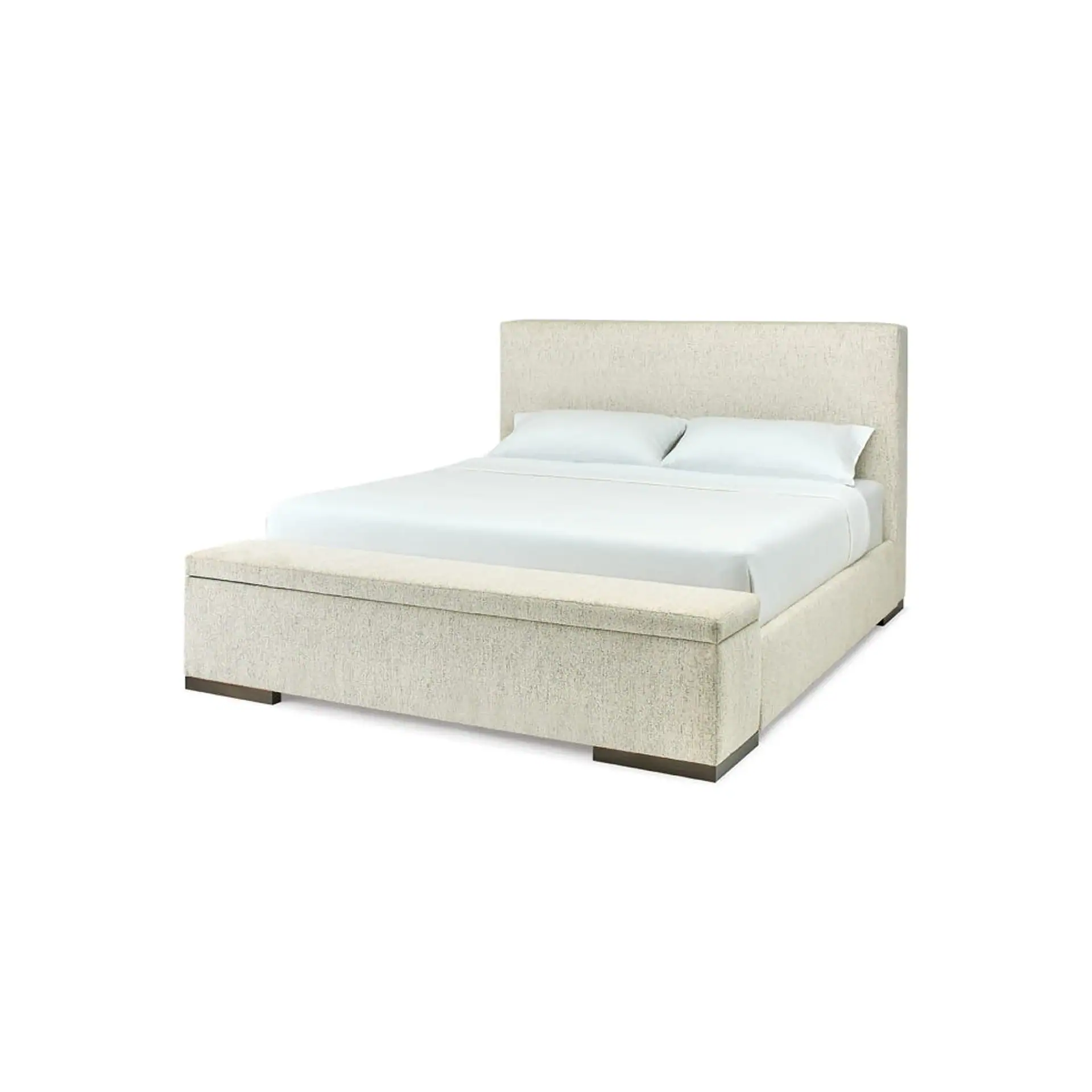 Light beige upholstered bed with a tall headboard and a matching storage bench at its foot, all on a white background.