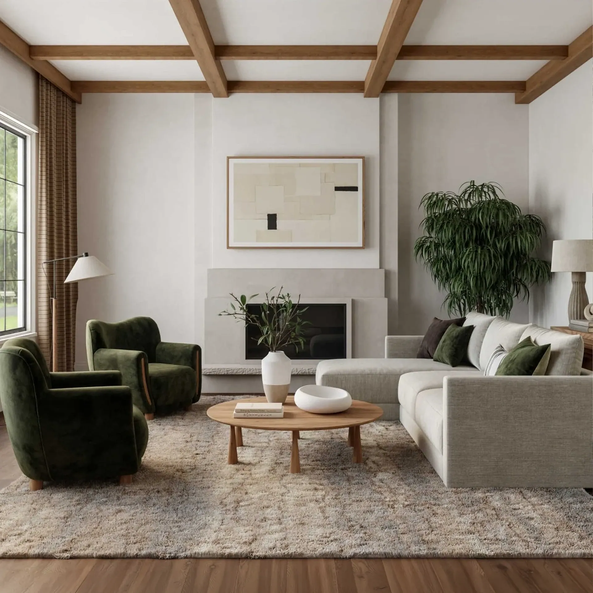 A modern living room with a light beige sectional sofa, two dark green armchairs, a round wooden coffee table, and a shaggy rug. An abstract artwork hangs above a fireplace, and exposed wooden beams cross the ceiling.