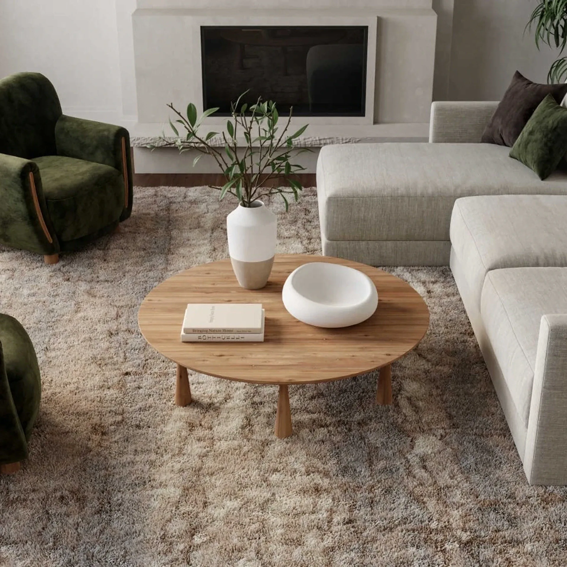 A modern living room with a beige sectional sofa, green velvet armchairs, a round wooden coffee table with decor, and a shaggy rug.