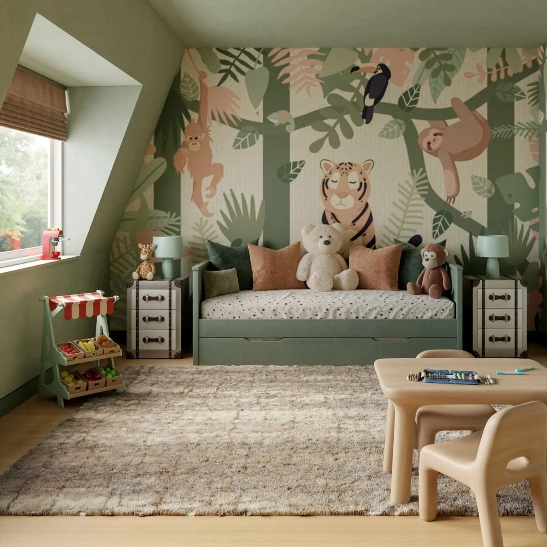 A child's bedroom with jungle-themed wallpaper, a green daybed, two nightstands, a play market stand, and a small wooden table with chairs on a shaggy rug.