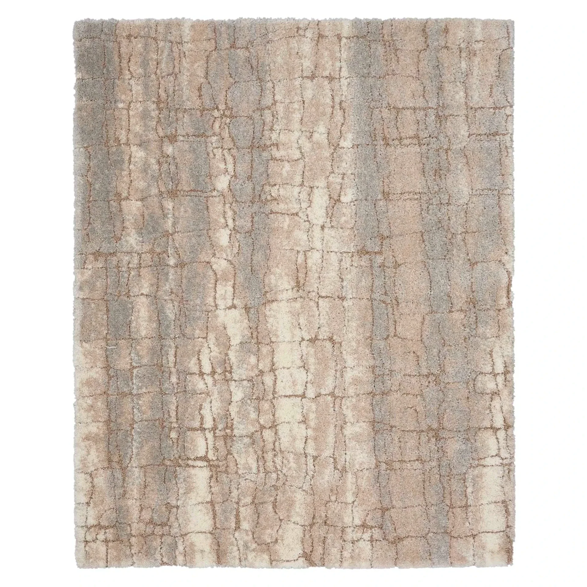Rectangular shaggy area rug with an abstract cracked pattern in beige, cream, and gray.