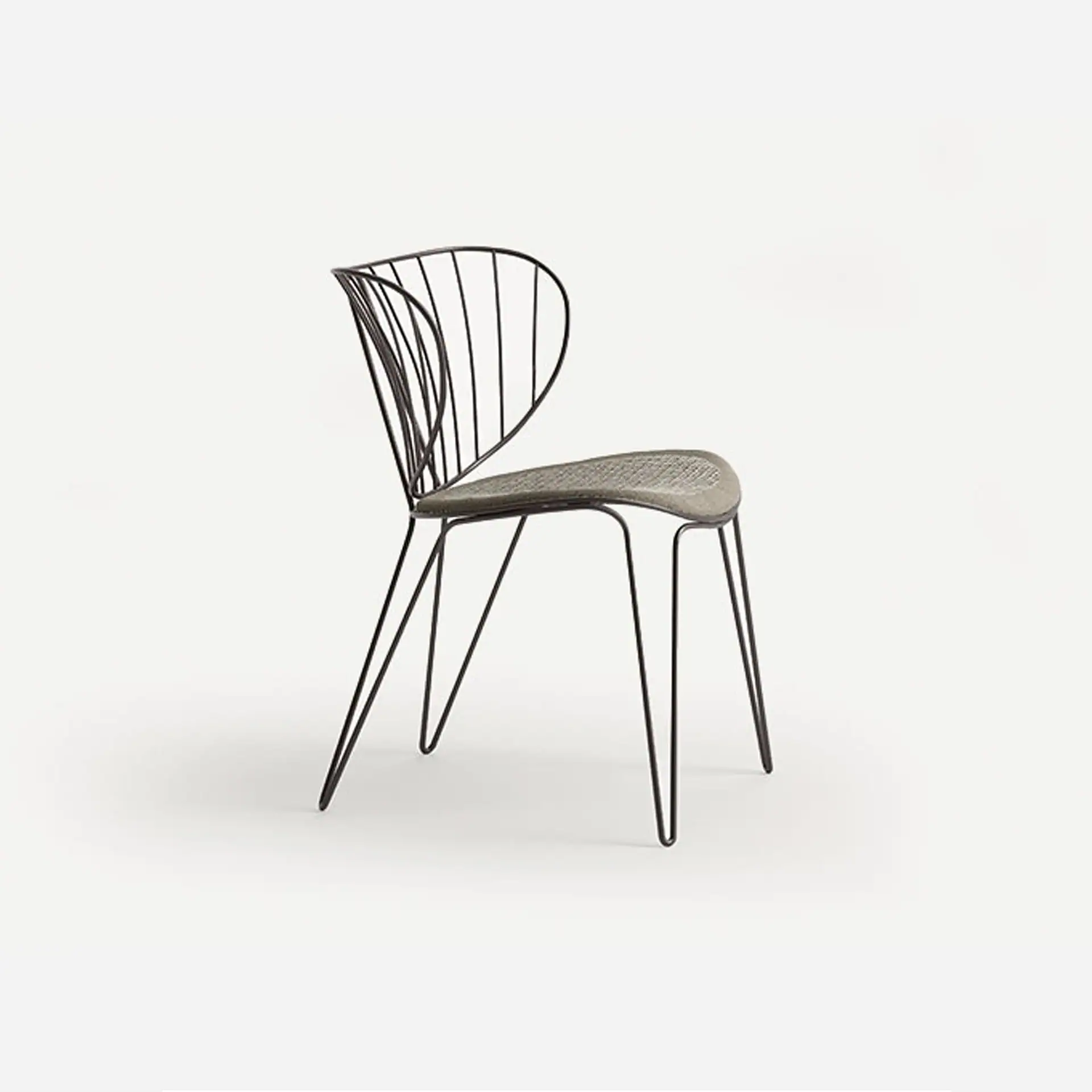 A modern black wireframe chair with a curved, fan-like backrest and a light grey textured seat, set against a plain light grey background.