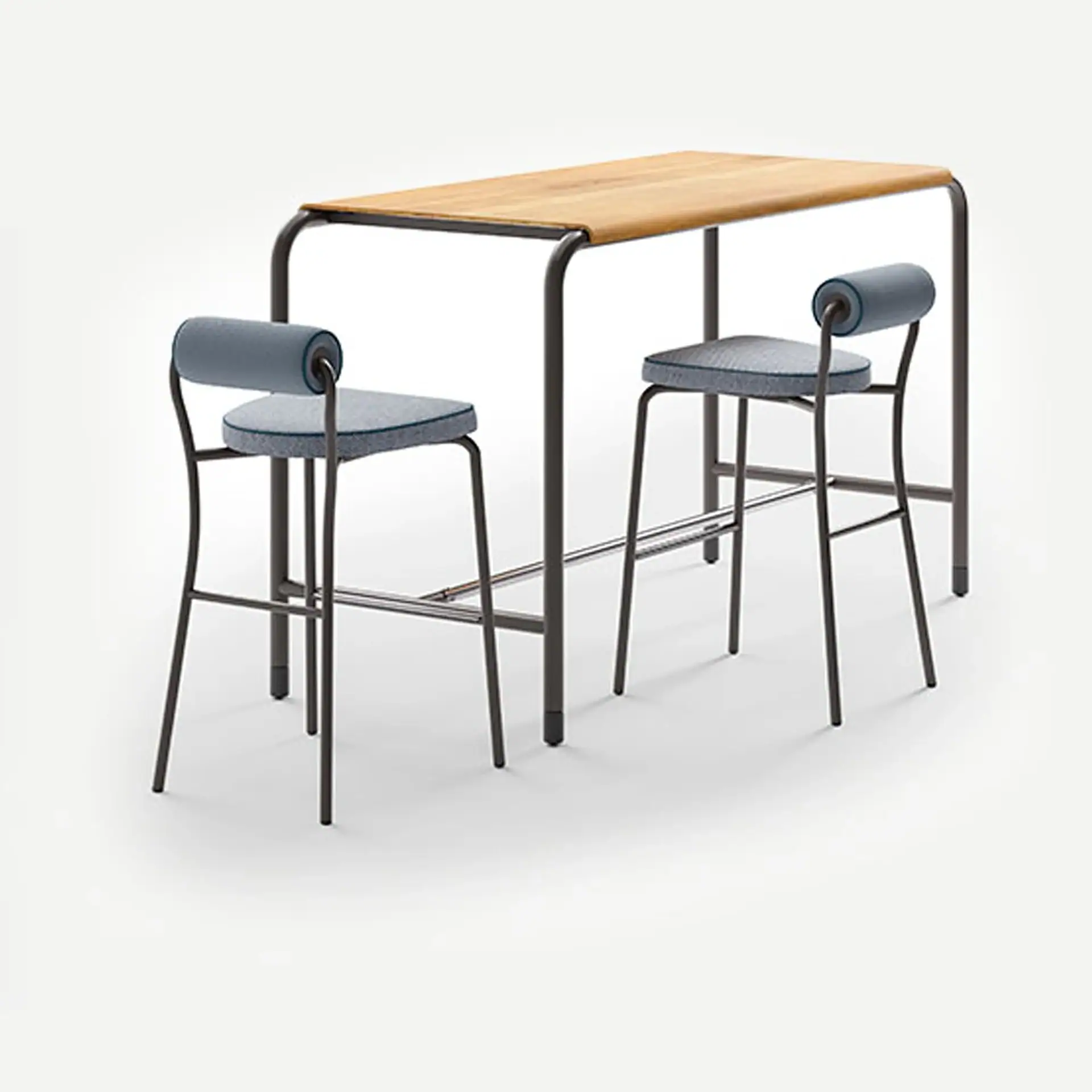 A modern bar-height table with a wooden top and dark gray metal frame, accompanied by two matching bar stools with blue upholstered seats and cylindrical backrests.