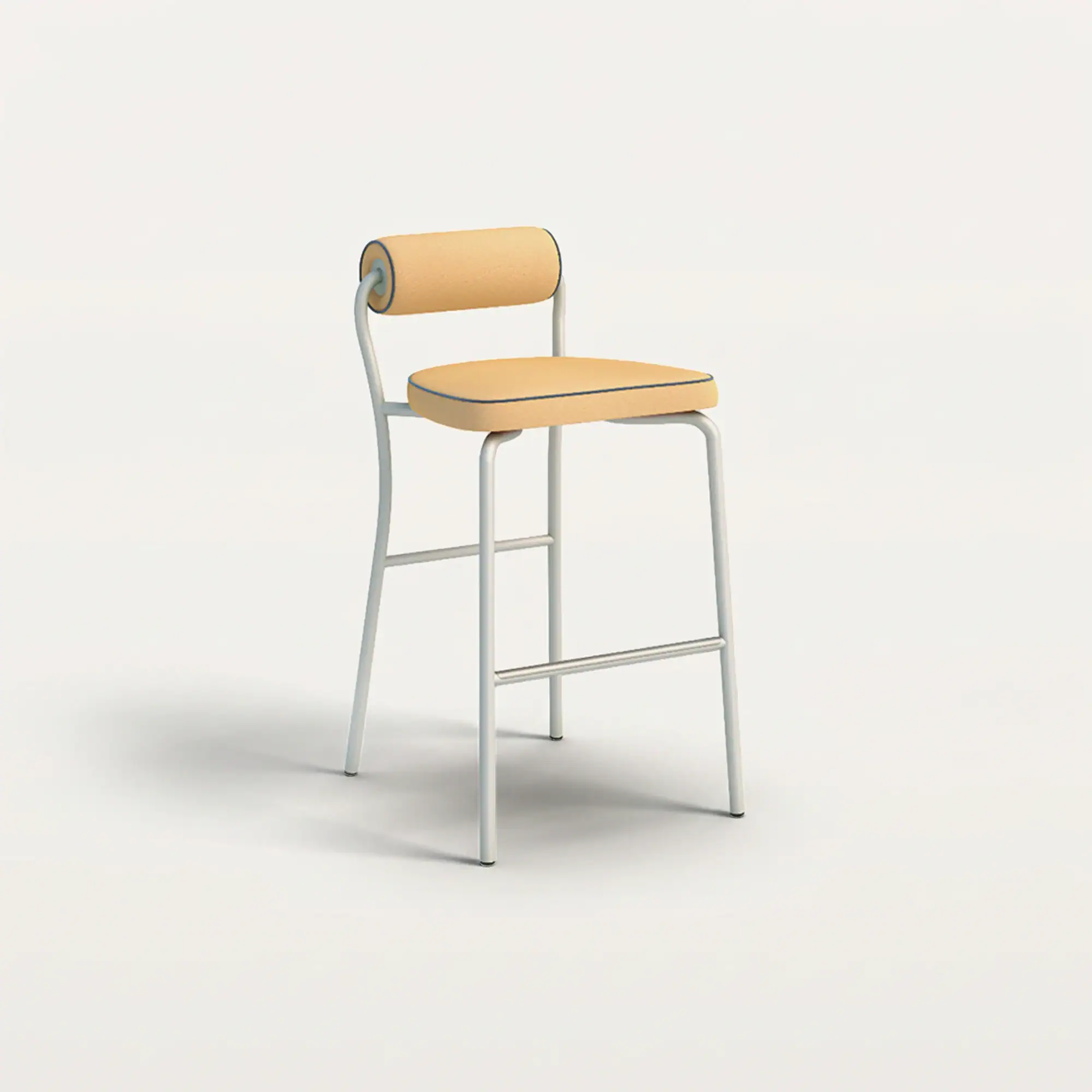 A modern bar stool with a light beige upholstered seat and cylindrical backrest, both trimmed with dark blue piping. The frame is made of light gray metal tubing.