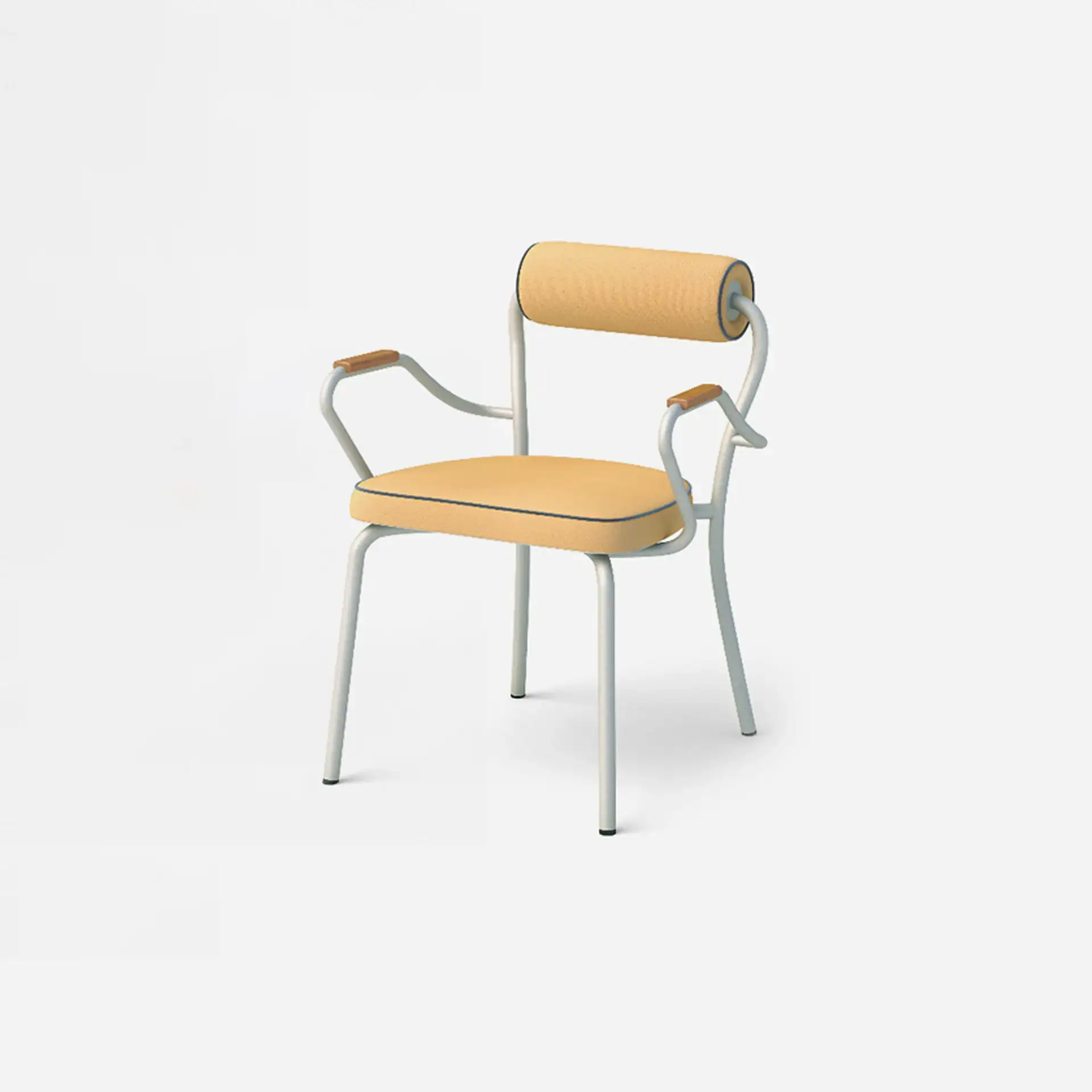 A modern armchair with a light gray metal frame, a yellow padded seat, and a cylindrical yellow backrest. The armrests have small wooden inserts.