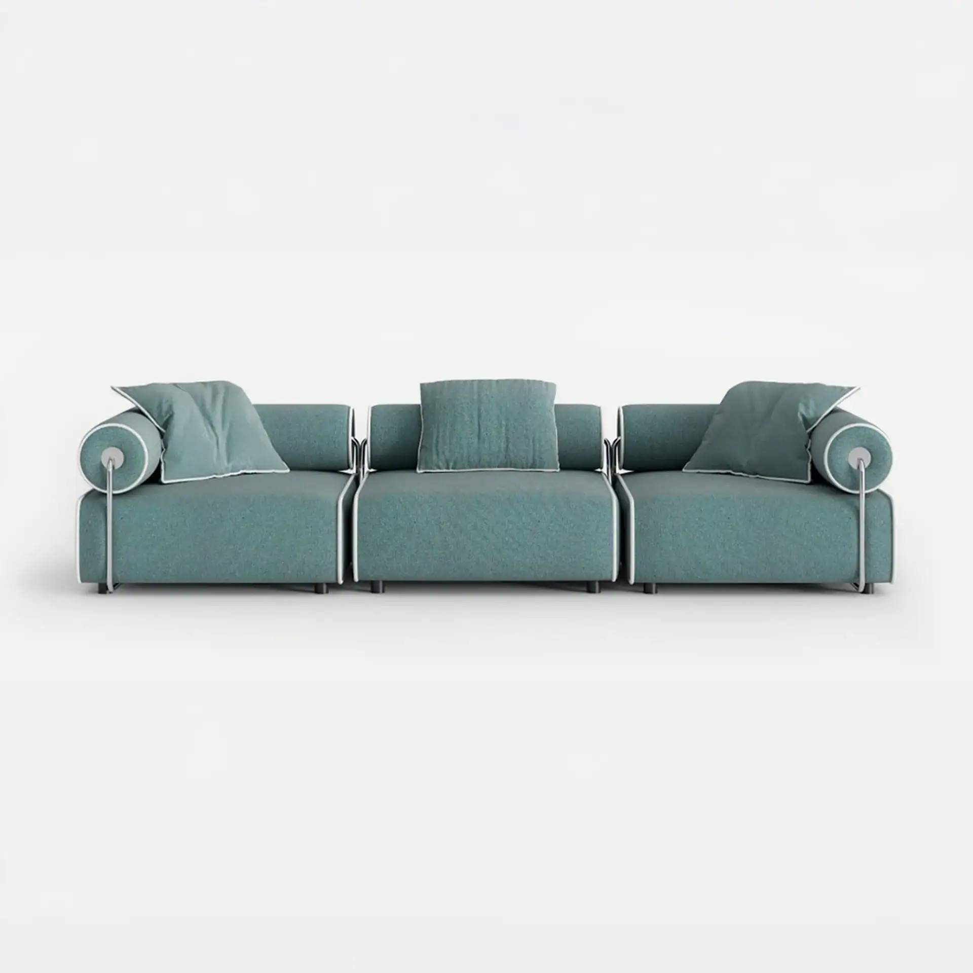 A three-seater modular sofa in teal fabric with white piping, featuring cylindrical bolster armrests supported by silver metal frames, against a white background.